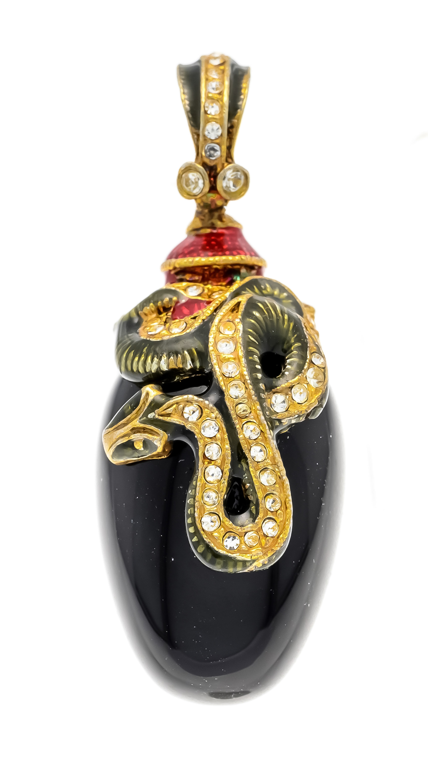Fabergé-style pendant, silver-gilt, unstamped, tested, egg-shaped cut black semi-precious stone 23 x