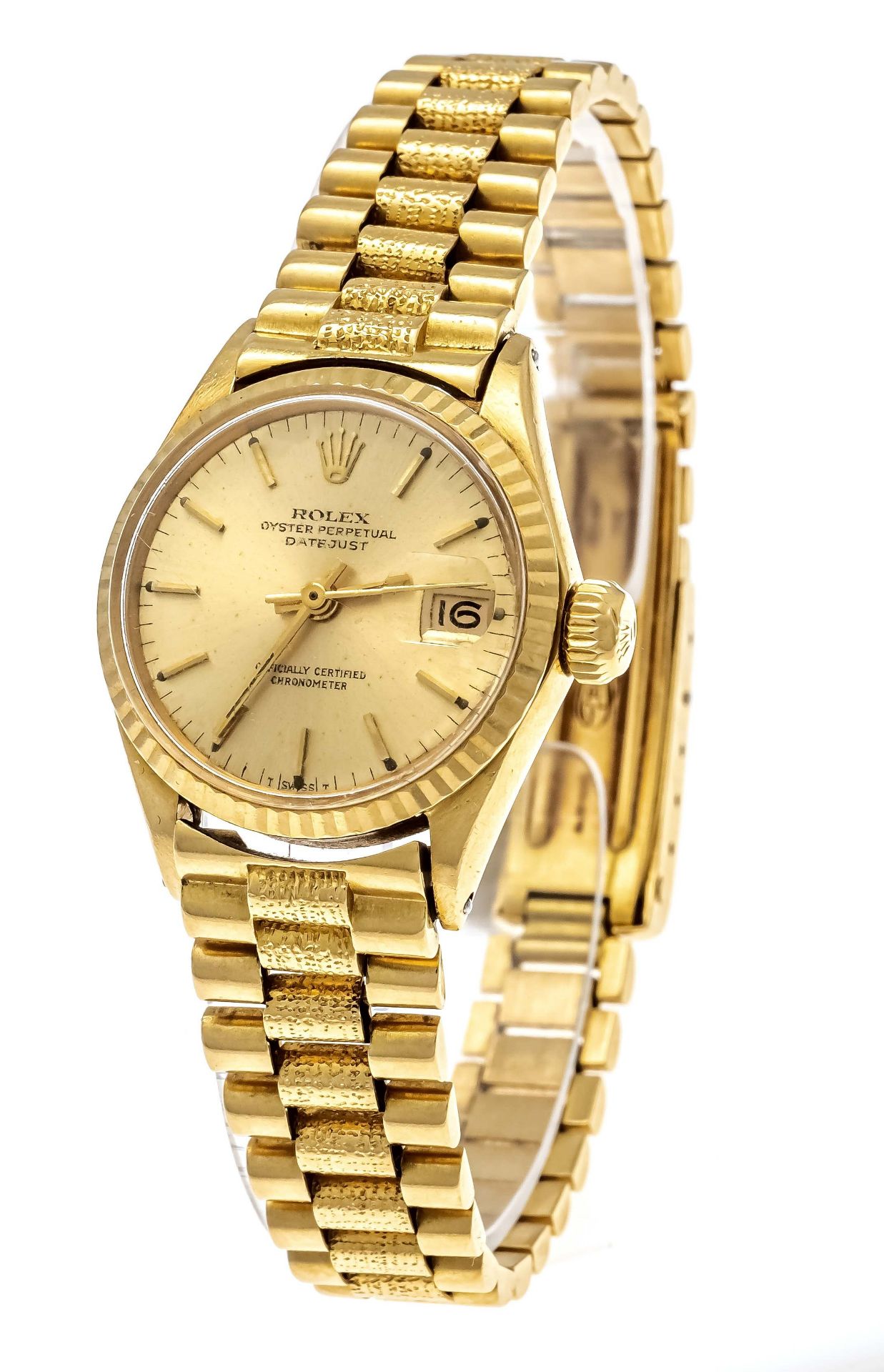 Rolex Datejust, chronometer, ladies' watch with presidential bracelet with folding clasp, 750/000GG,