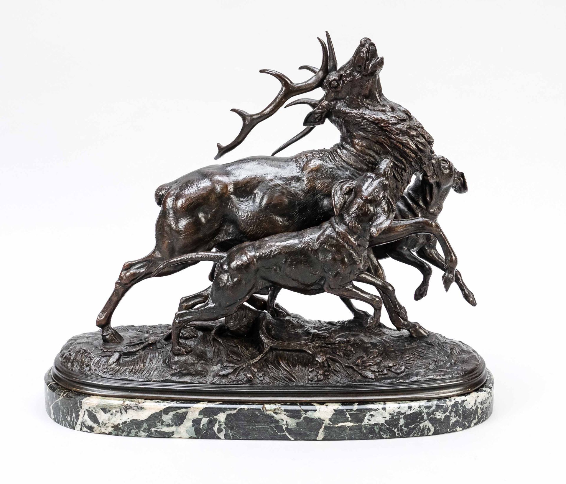 Paul-Edouard Delabrierre (1829-1912), French animal sculptor, large figural group of a stag posed by