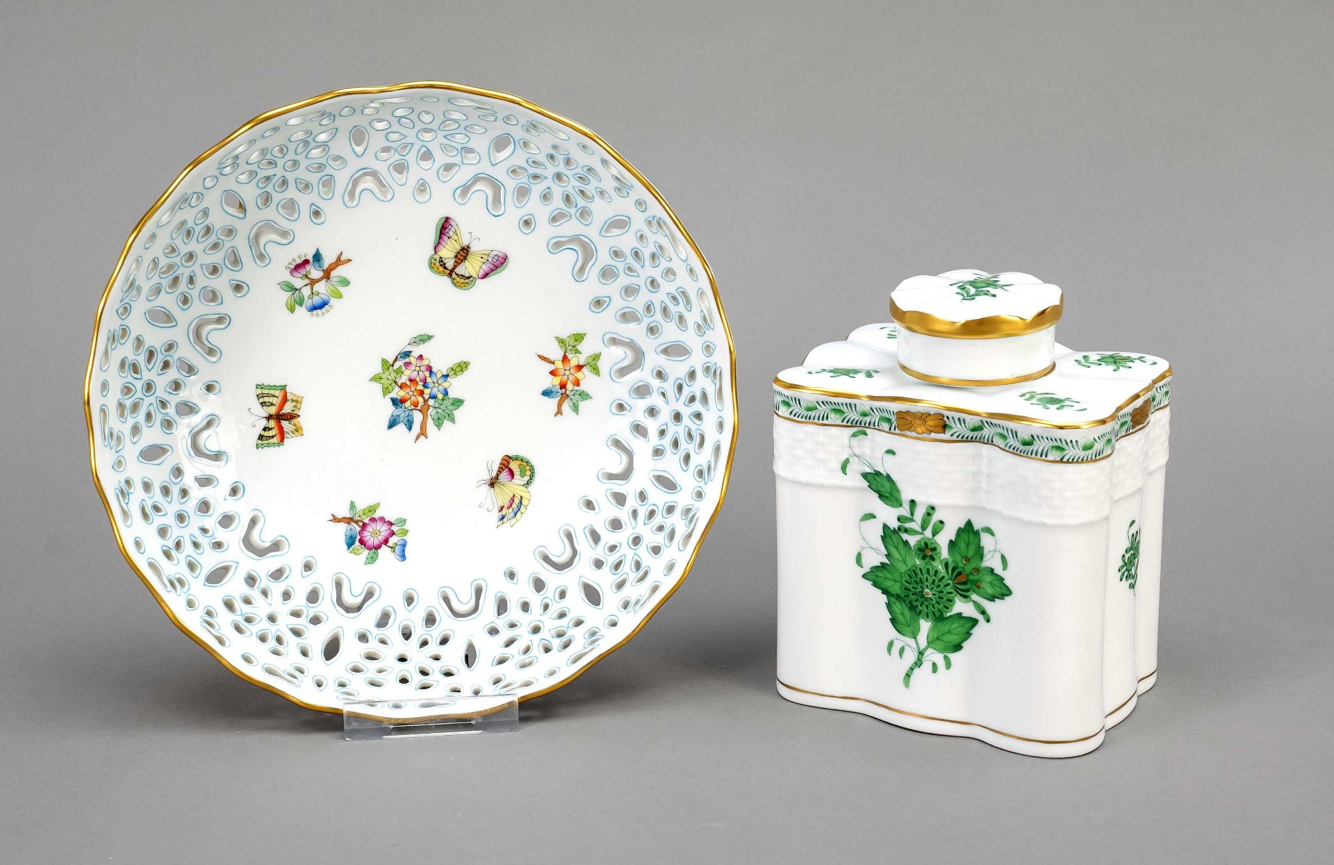 Tea caddy and ornamental bowl, Herend, Hungary, 20th century, tea caddy of rectangular shape, basket