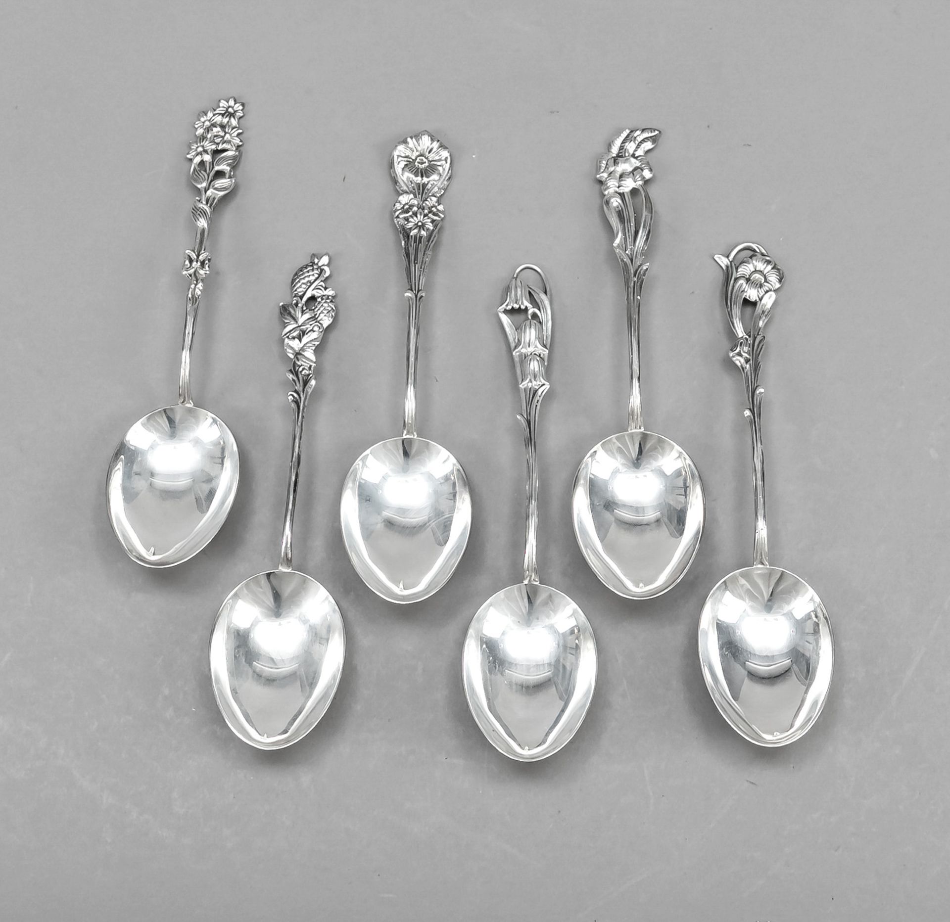 Six ice cream spoons, Sweden, 2nd half of 20th century, silver 830/000, handle each with different