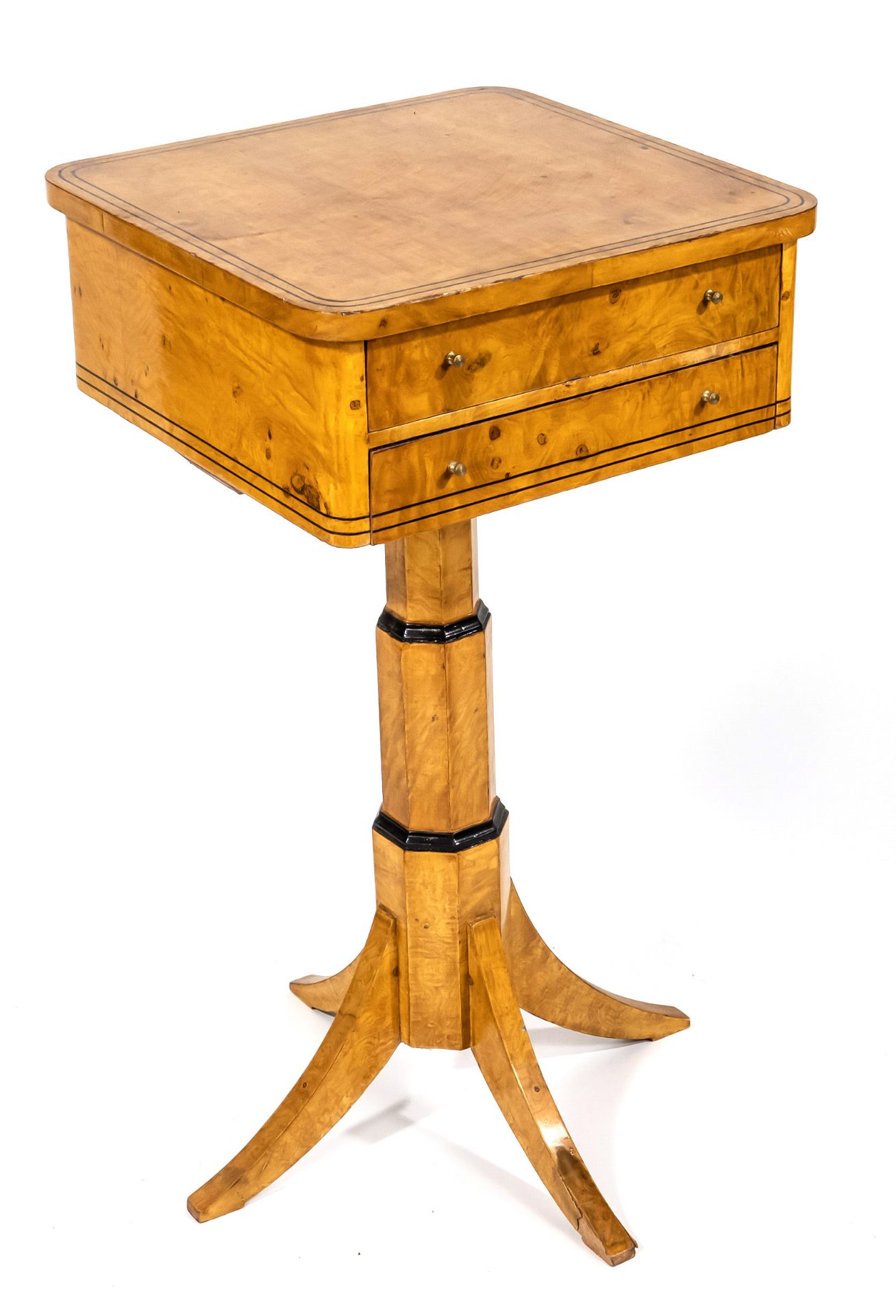 Biedermeier style needlework/sewing table, late 20th century, burl maple veneer, 86 x 45 x 46