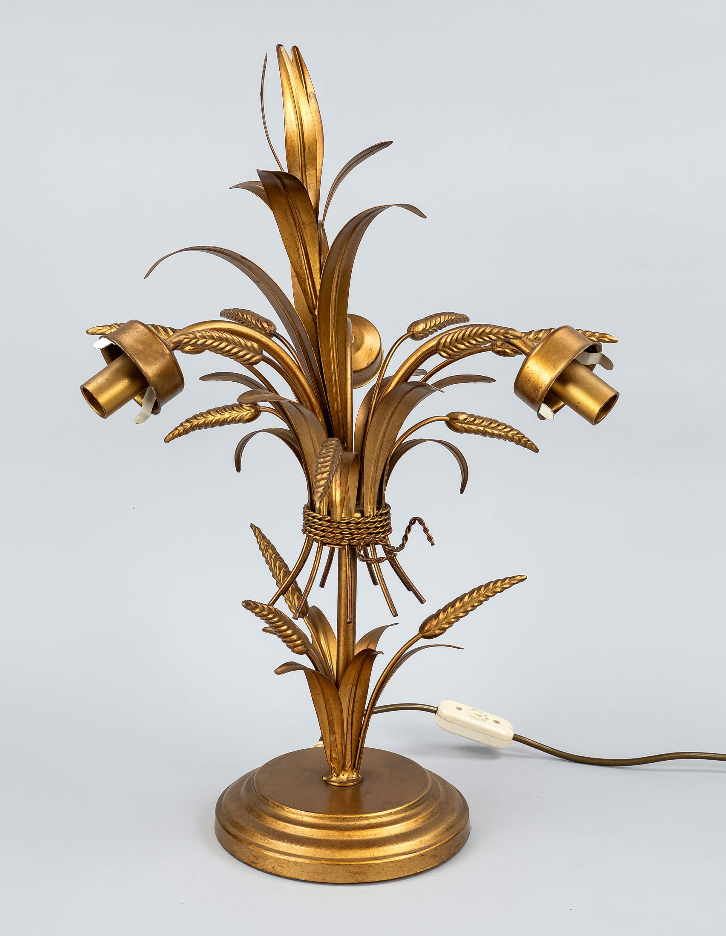 Table lamp, 20th c., metal, bronzed/stained. Round, profiled base, lamp as a cluster of spikes