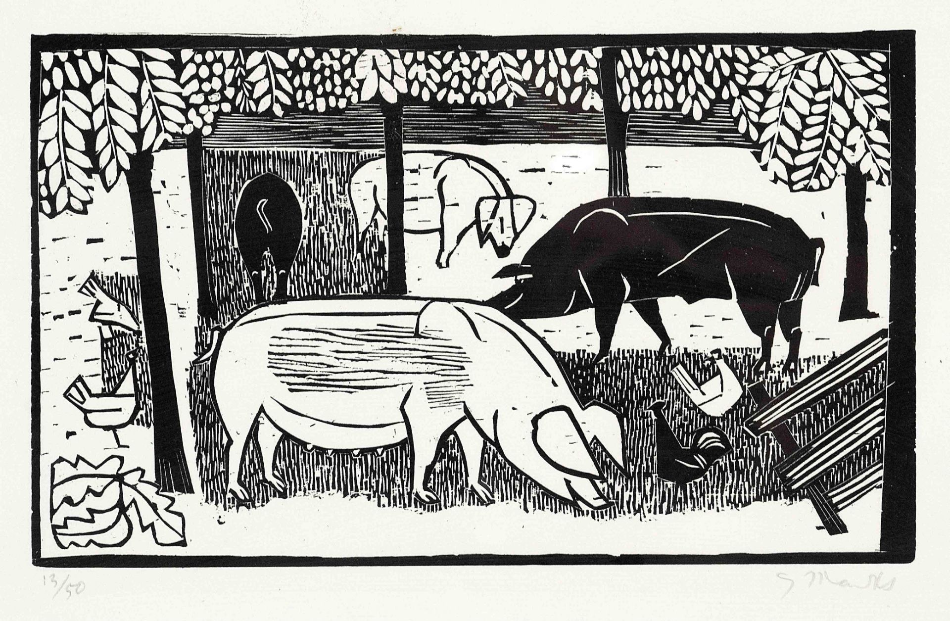 Marcks, Gerhard. 1889 Berlin - 1981 Burgbrohl. Pigs. 1953. woodcut/handmade paper, signed G Marcks