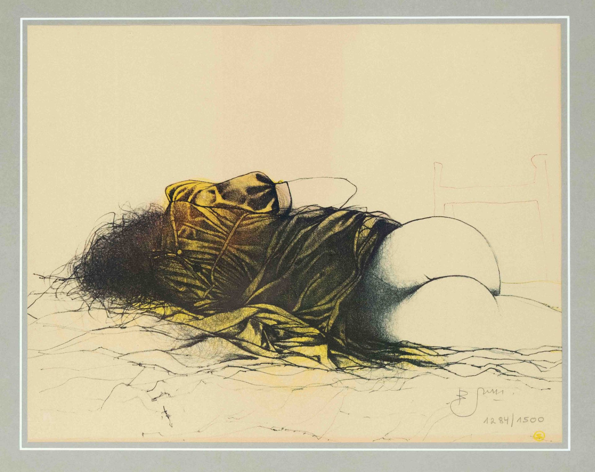 Bruno Bruni (*1935), ''Abbadonnata'', reclining semi-nude, color lithograph, signed and numbered (