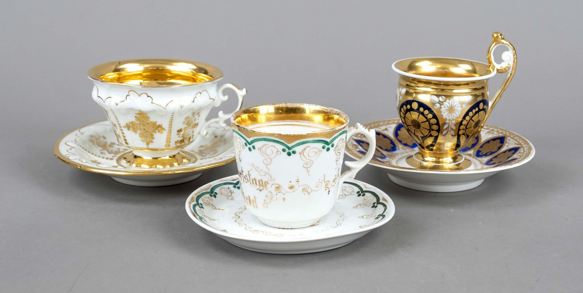 Three cups with saucer, 19th century, commemorative cup with saucer, Schumann, Moabit, with