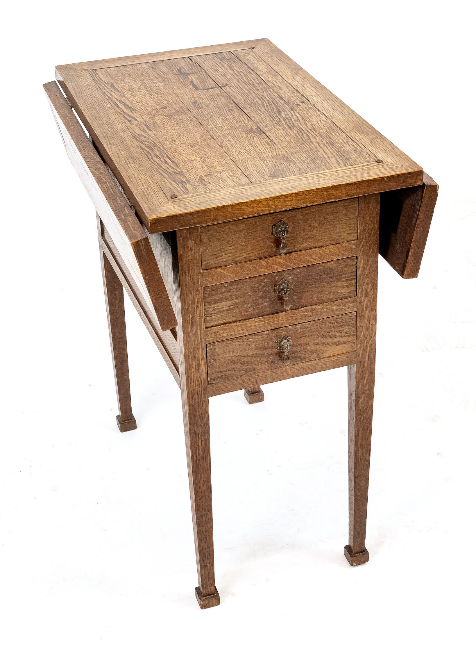 English folding table around 1900, oak, three drawers on the side, opposite door, 76 x 65 x 46/70 - Image 2 of 2