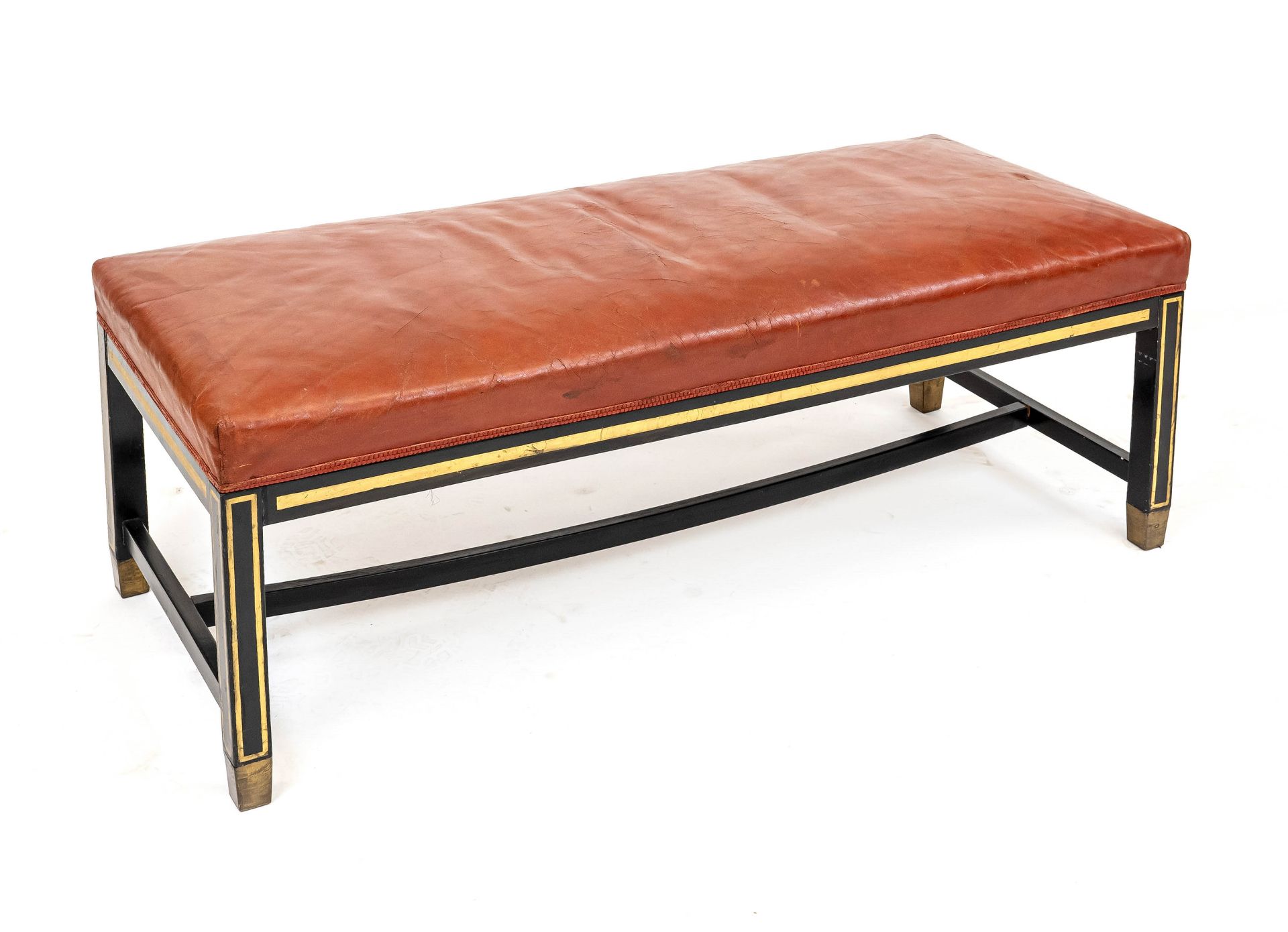 Bench, early 20th c., wood ebonized, red leather upholstery, 45 x 120 x 50 cm.