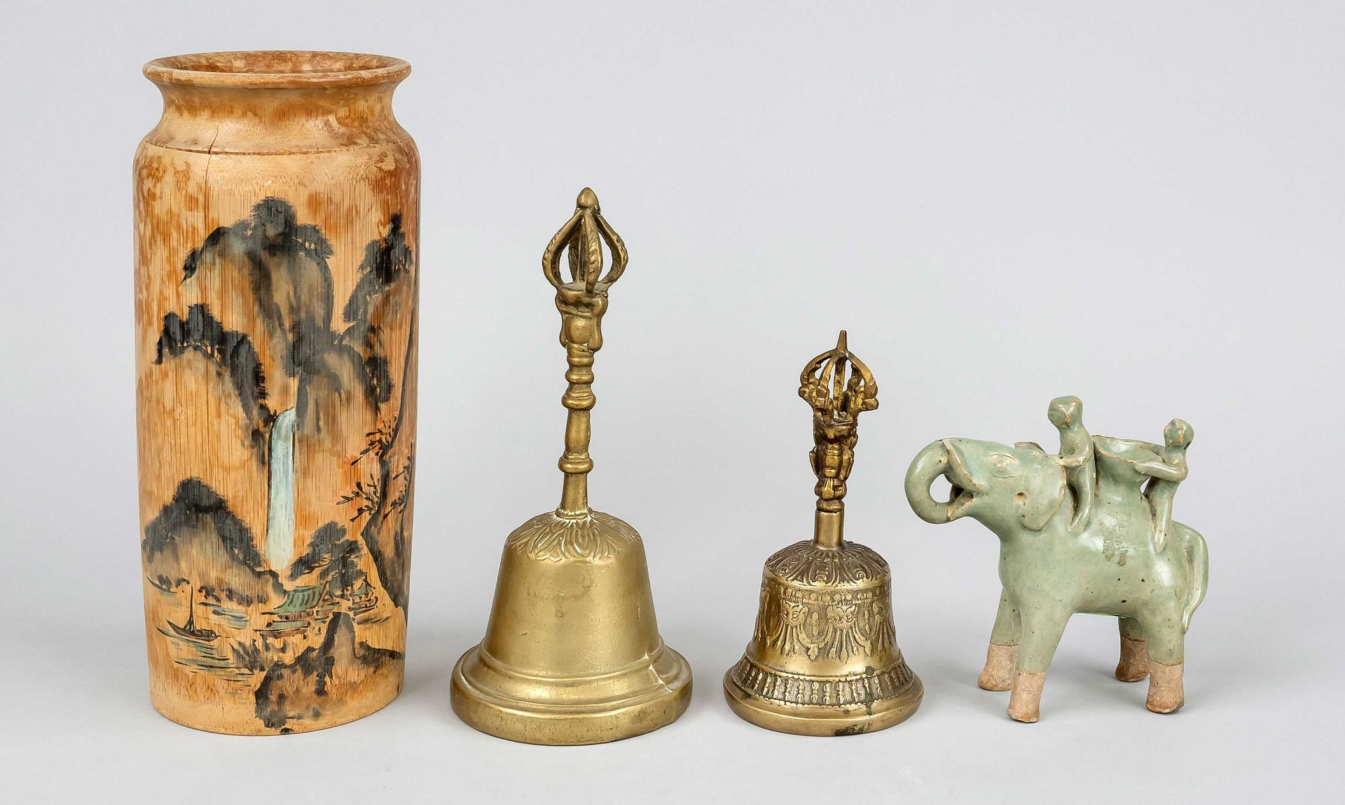 Asivolut, China, 20th century, 2 yellow metal ritual bells(tib. gantha), celadon elephant