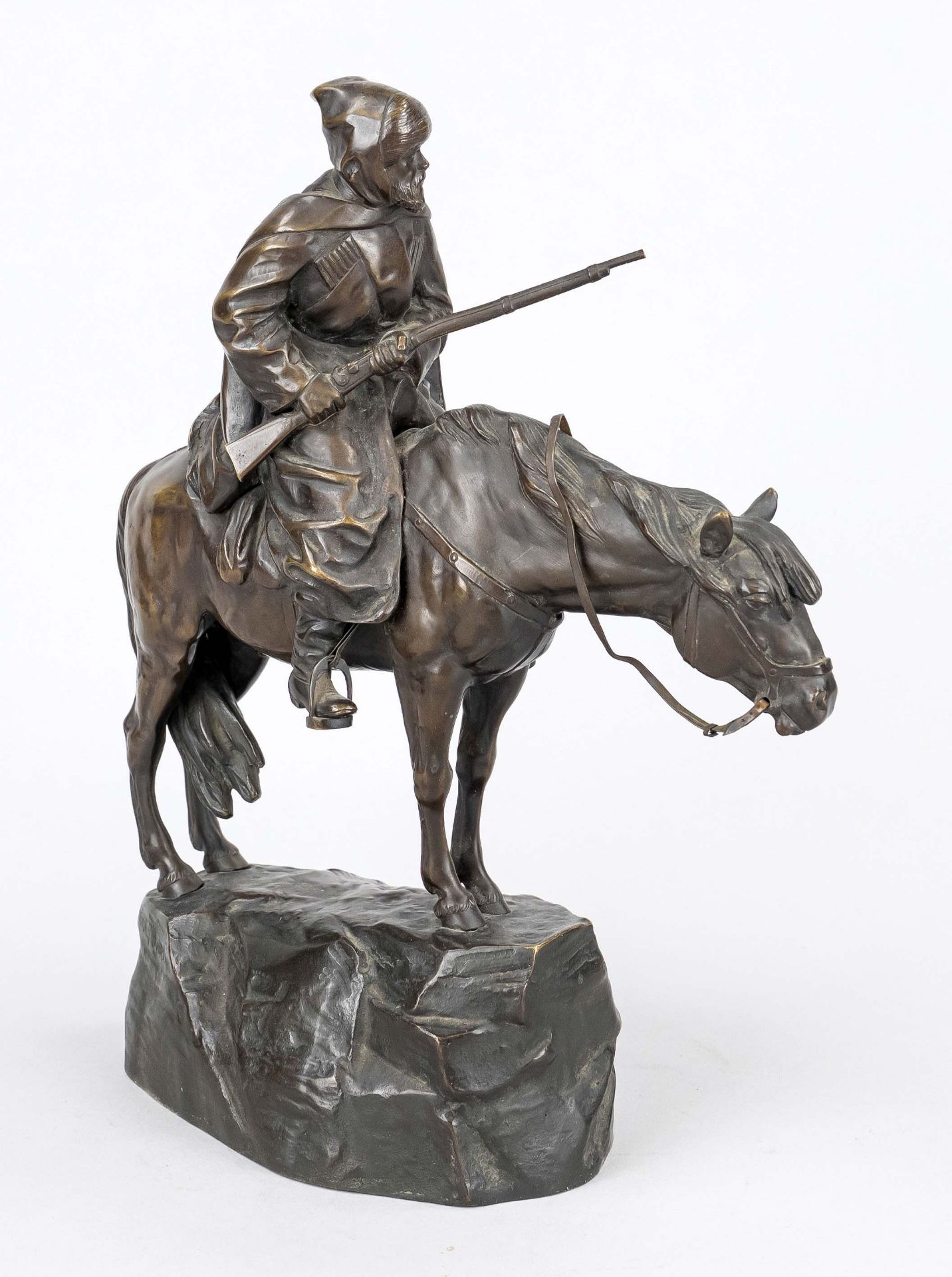 Moritz Wolff (1854-164), Cossack on horseback, brown patinated bronze on naturalistic rock base, - Image 2 of 2
