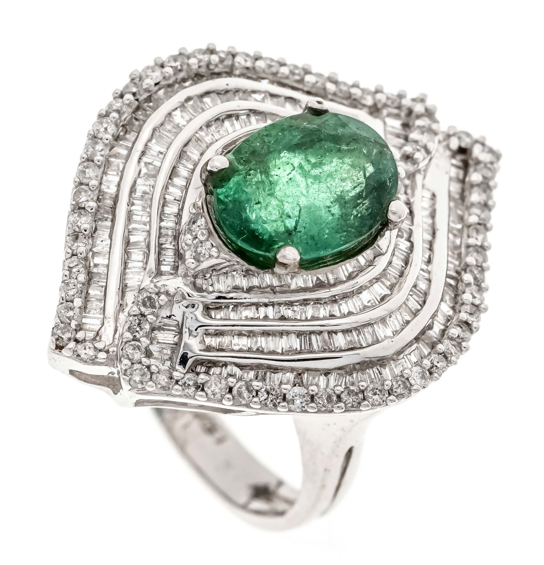 Emerald diamond ring WG 585/000 unstamped, tested, with one oval faceted emerald 2,73 ct (