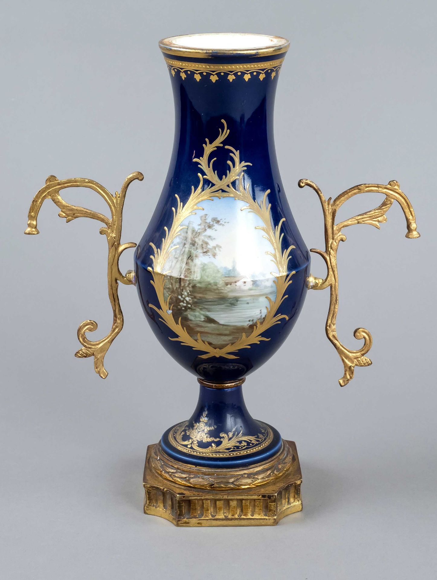 Vase, France, late 19th century, Sevres imitation mark, pear-shaped body on round foot, metal - Image 2 of 2