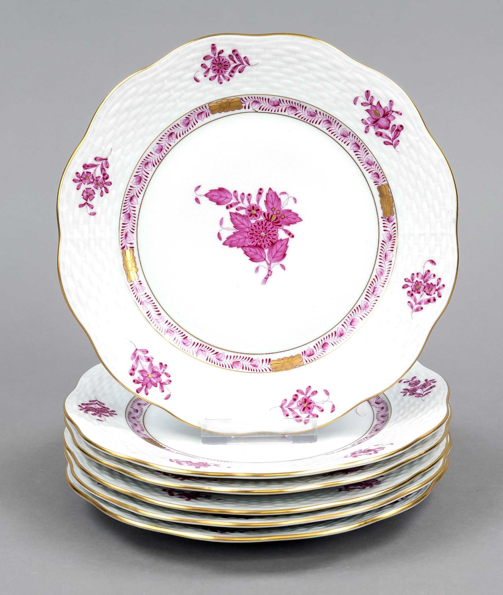 Six cake plates, Herend, 20th century, Ozier form, Apponyi decor in purple, ornamental gilding,