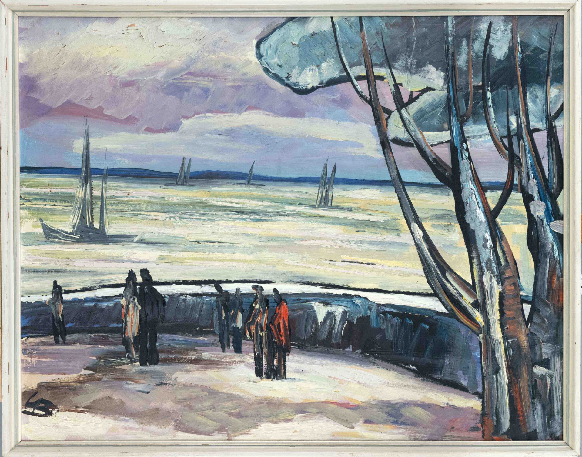 Monogram crap ''B'', mid-20th century, expressive depiction of a shore scene with figures, oil on