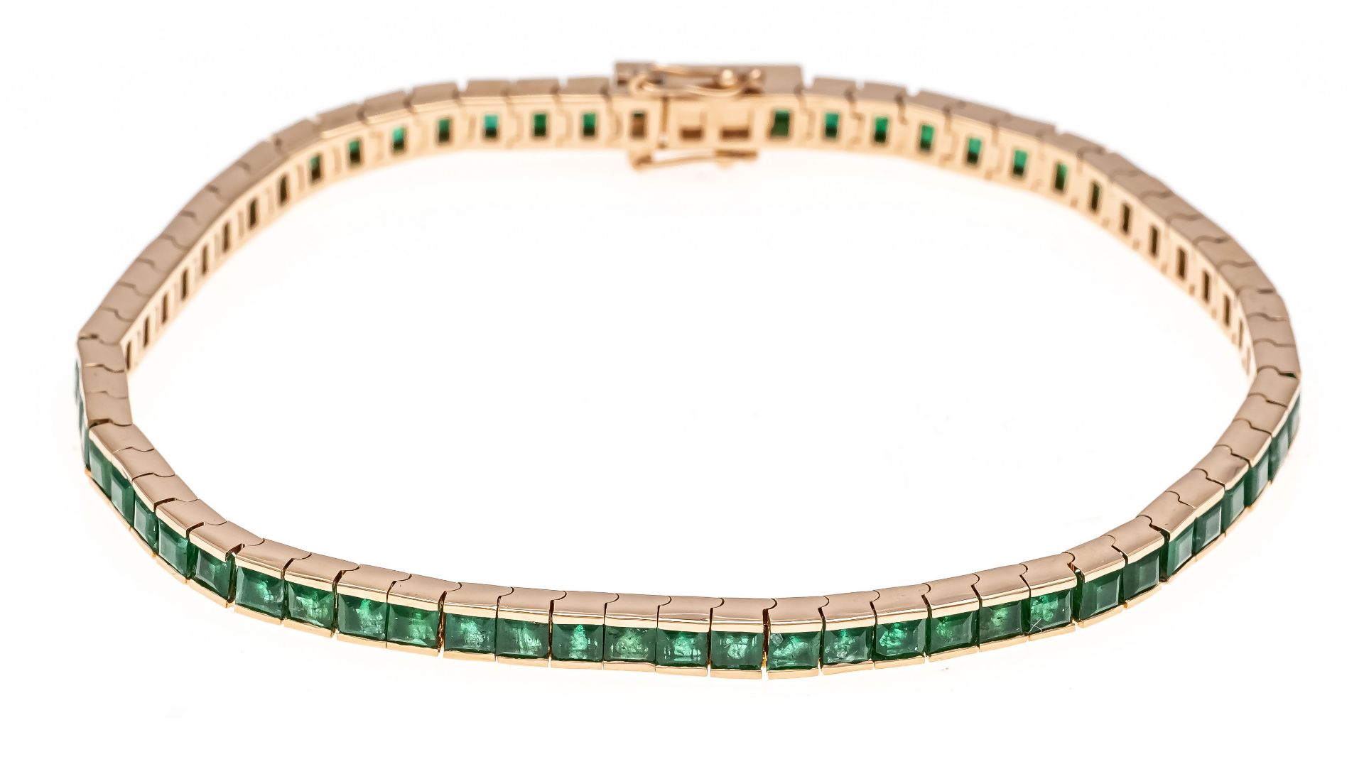 Emerald riviére bracelet RG 750/000 with 66 carrée-shaped faceted emeralds, together 8.62 ct