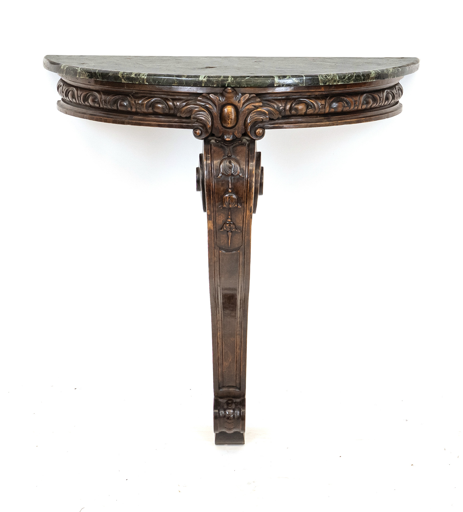 Demi-lune console around 1860, walnut base, carved. Curved leg with volute. Top made of spinach