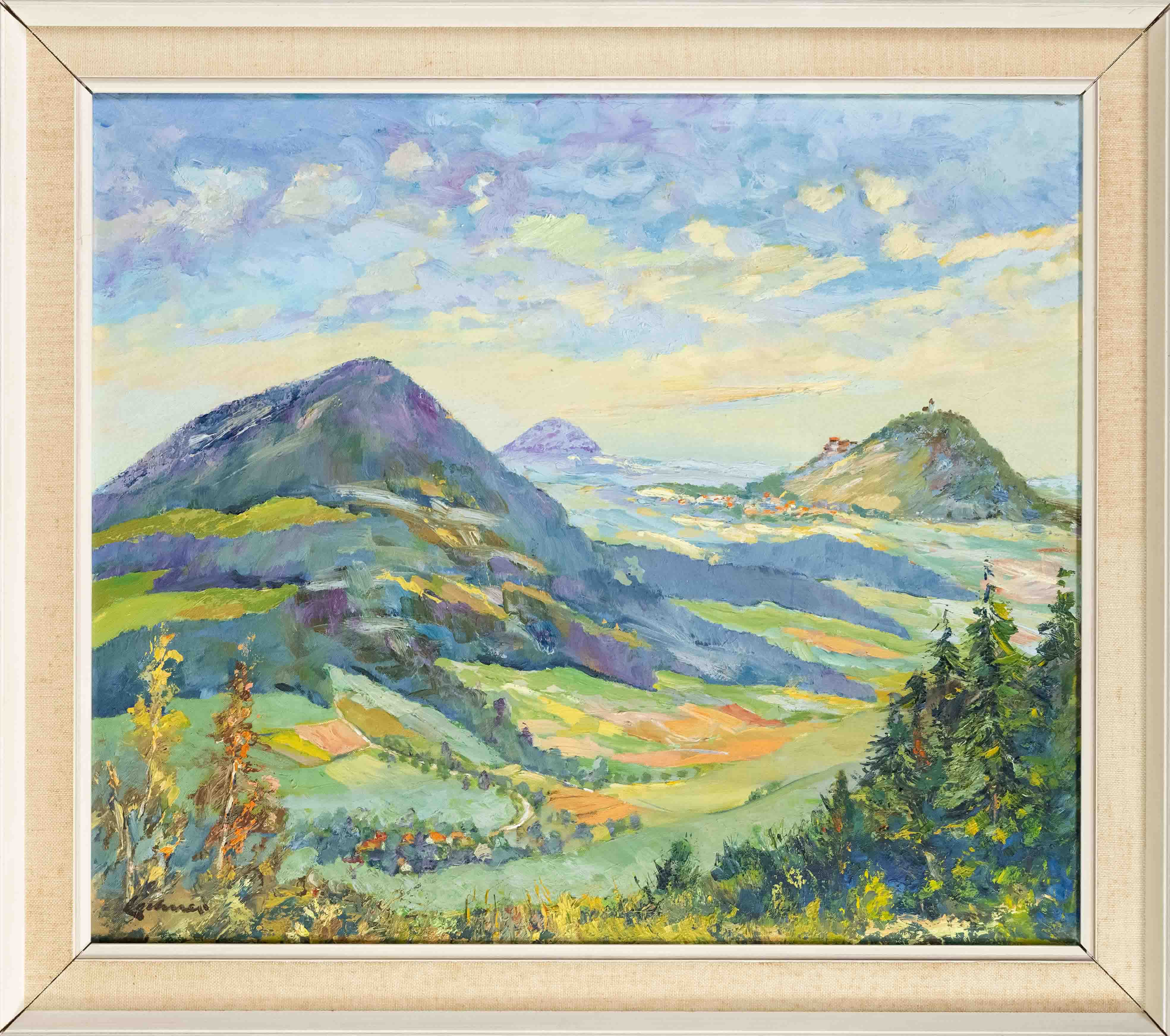 Unidentified painter mid-20th century, colorful low mountain landscape, oil on canvas, bottom left