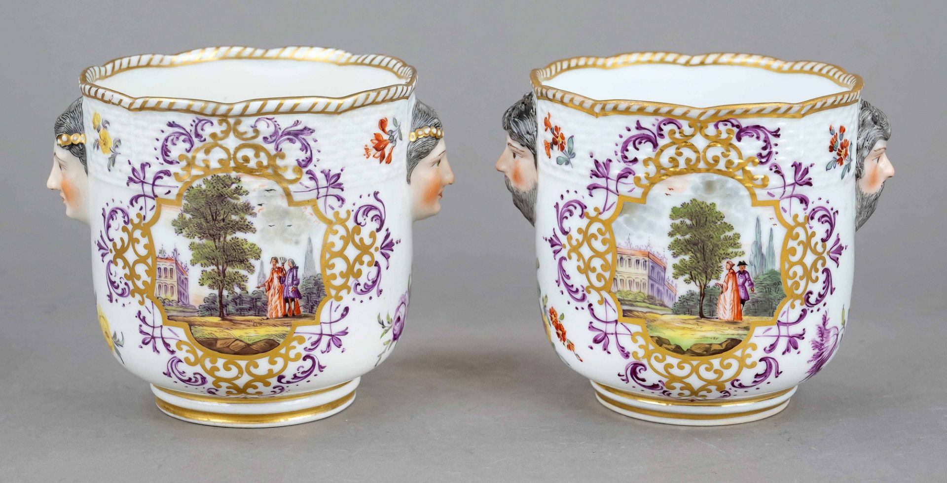 Pair of cachepots, Meissen, Marcolini mark 1774-1814, 1st choice, side handles in the shape of - Image 2 of 3