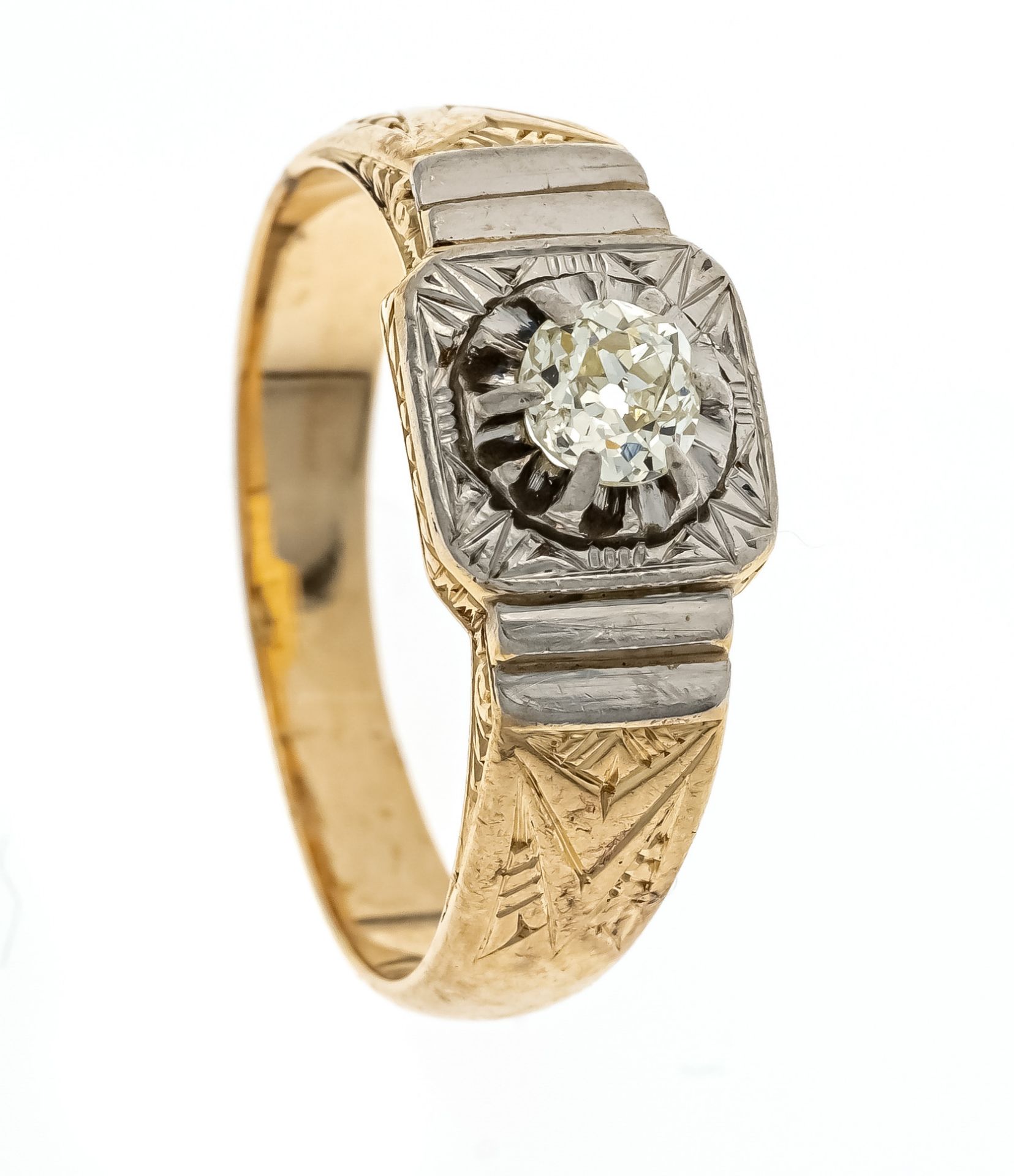 Art deco ring GG/WG 585/000 unstamped, tested, with one old cut diamond 0,30 ct l.tinted W/VS-SI,