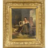 Unidentified 19th century genre painter, Girl with dogs in poor farmhouse, oil on canvas,