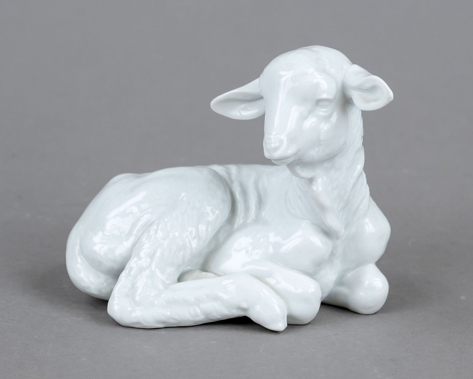 Lying sheep, Rosenthal, Selb, 1930s, design Theodor Kärner, u. marked, model no. 196, white, h. 10,5