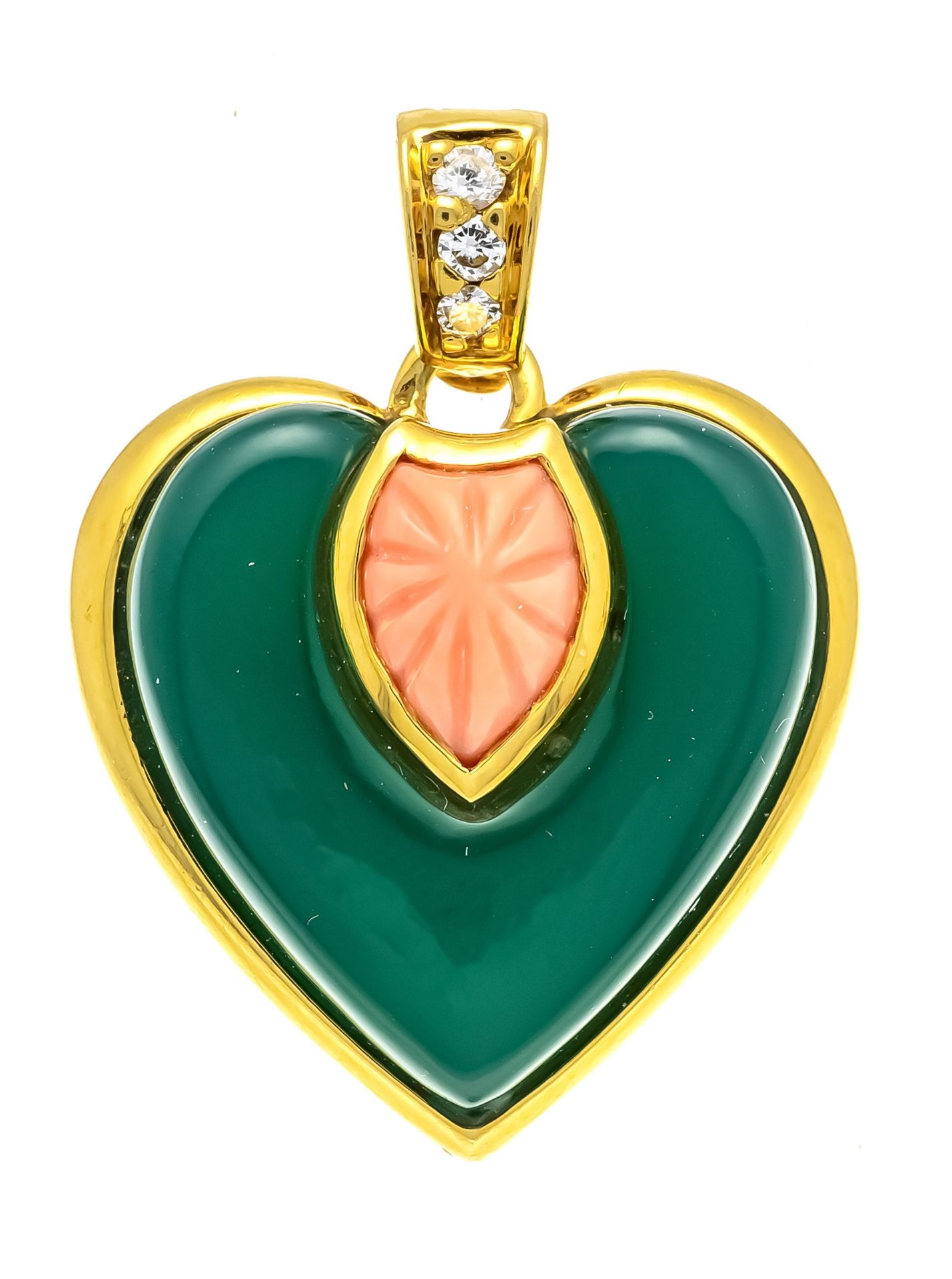 CARTIER jade-coral diamond clip pendant GG 750/000 with a jade heart, cut coral drop and 3