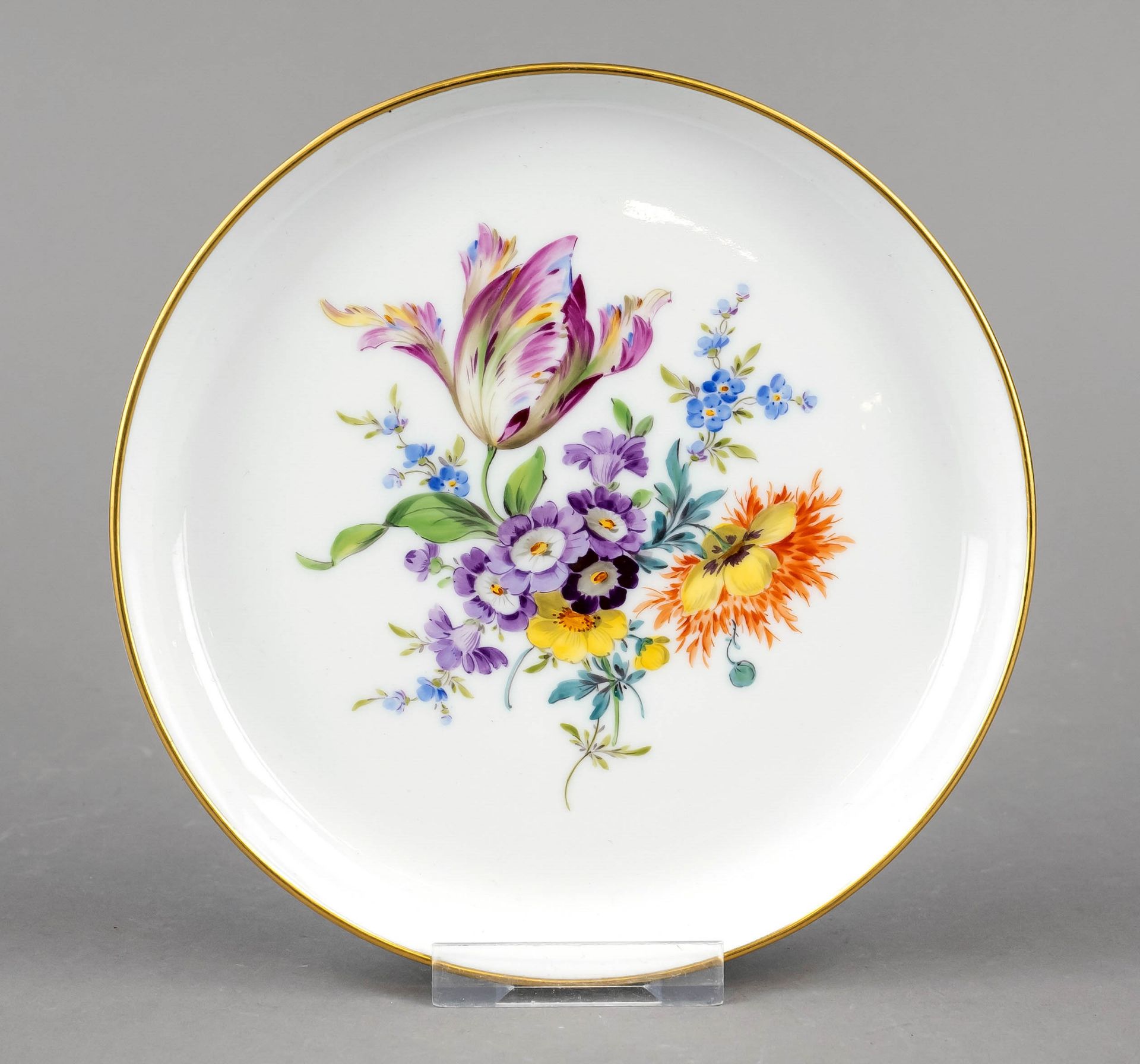 Wall plate, Meissen, 1950s mark, 2nd choice, smooth shape, polychrome floral painting, gold rim, Ø