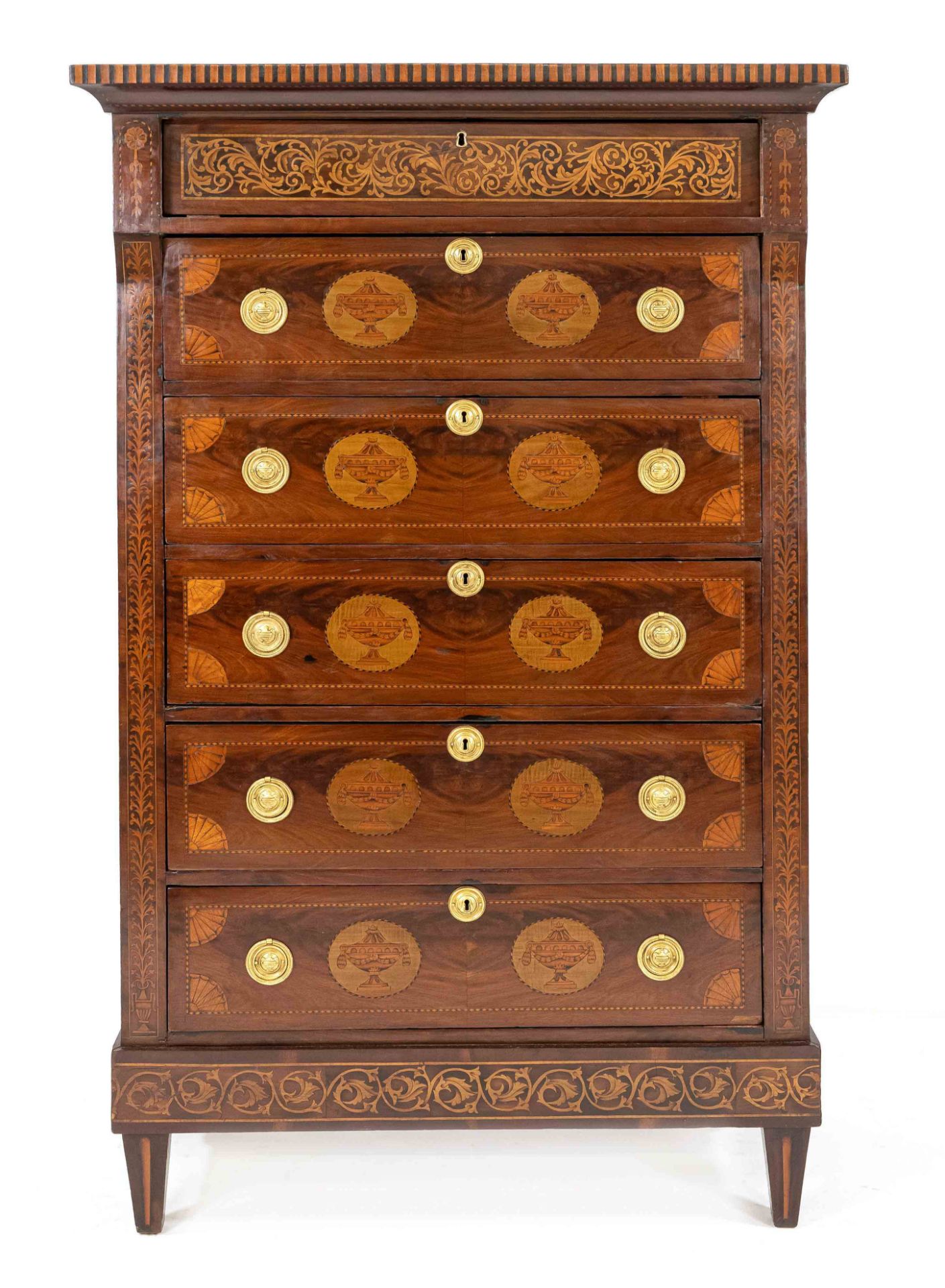 Louis Seize chiffoniere/men's commode, late 18th c., mahogany and dyed woods inlaid, 6 drawers,