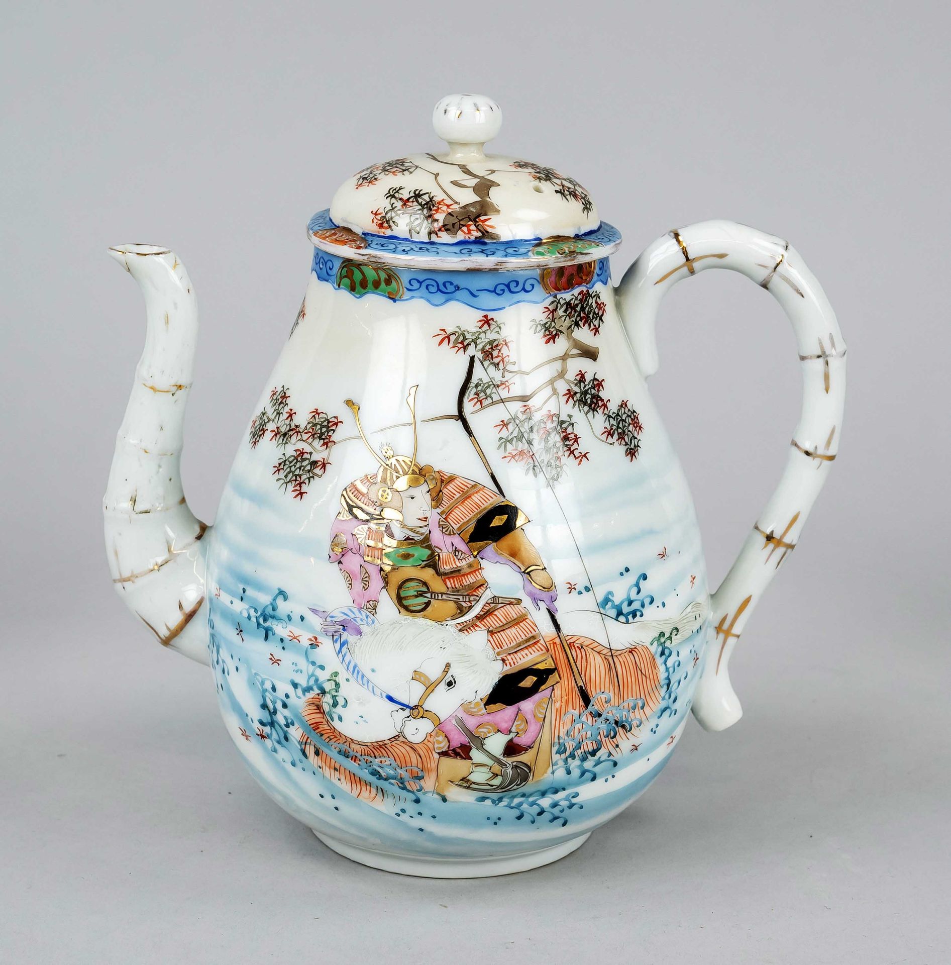 Kutani teapot, Japan, c. 1900, porcelain teapot with bamboo spout and bamboo handle, polychrome