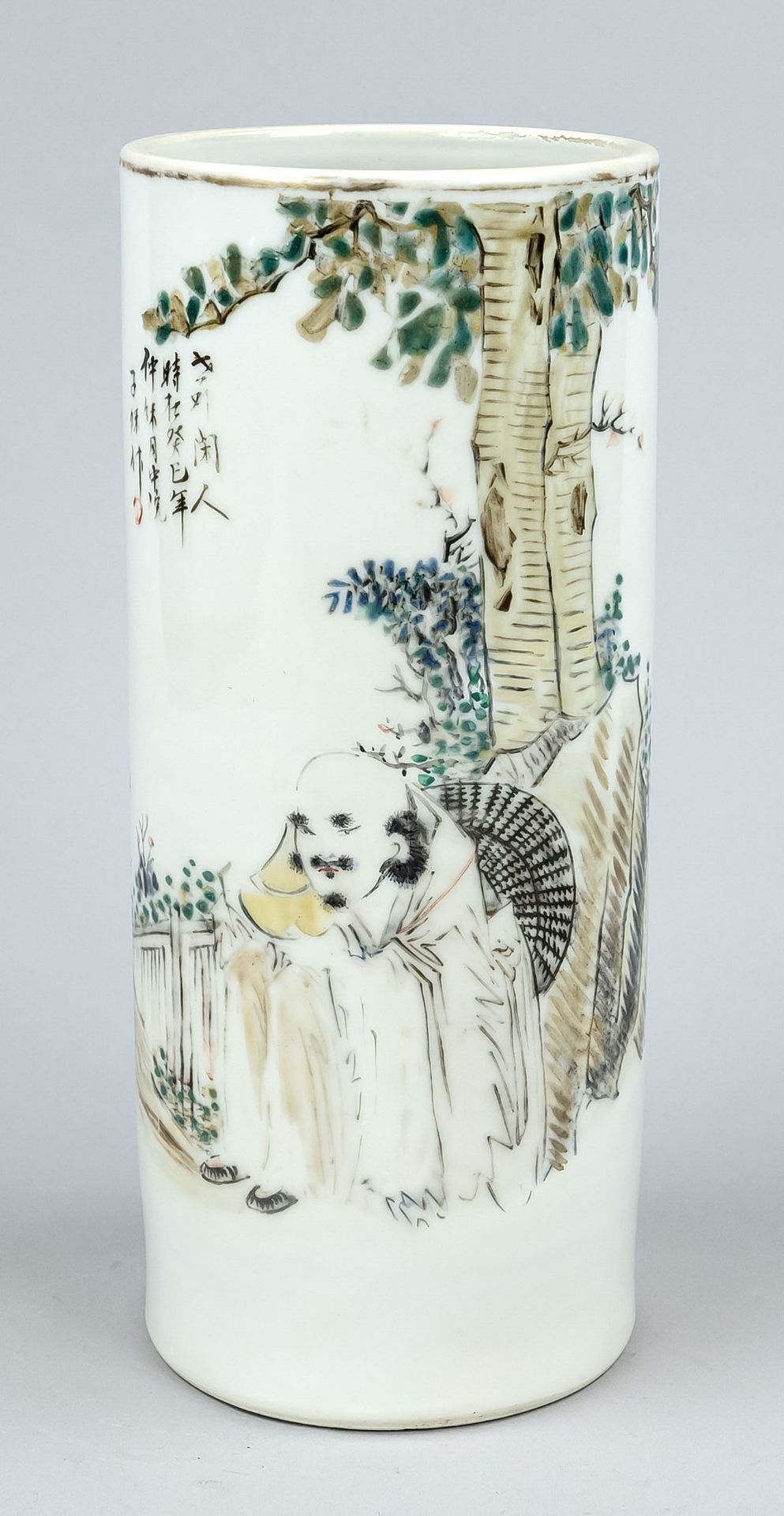 Cylindrical vase, China, 20th c., porcelain with enamel colors, man under tree with inscription, h