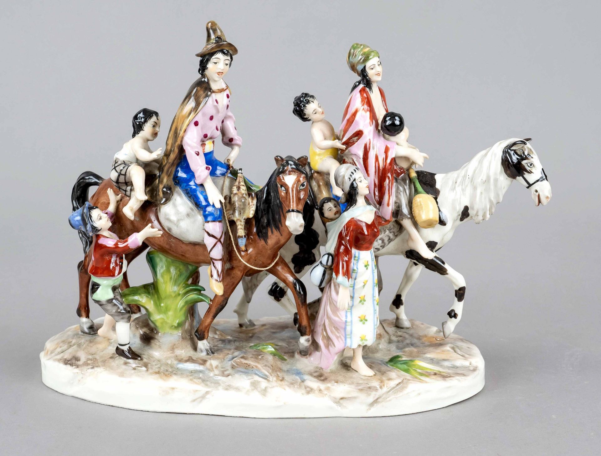 Group of figures, 20th century, large family with several children riding on two horses, on oval