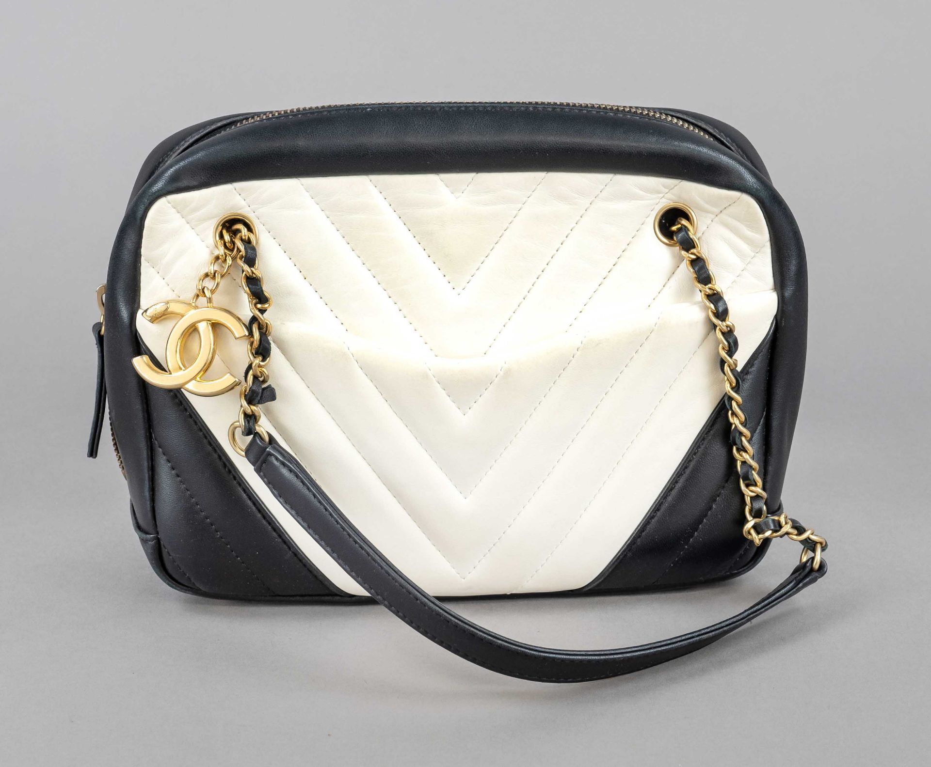 Chanel, Vintage Quilted Chevron Crossbody Bag, fine black and cream white quilted leather, gold-tone