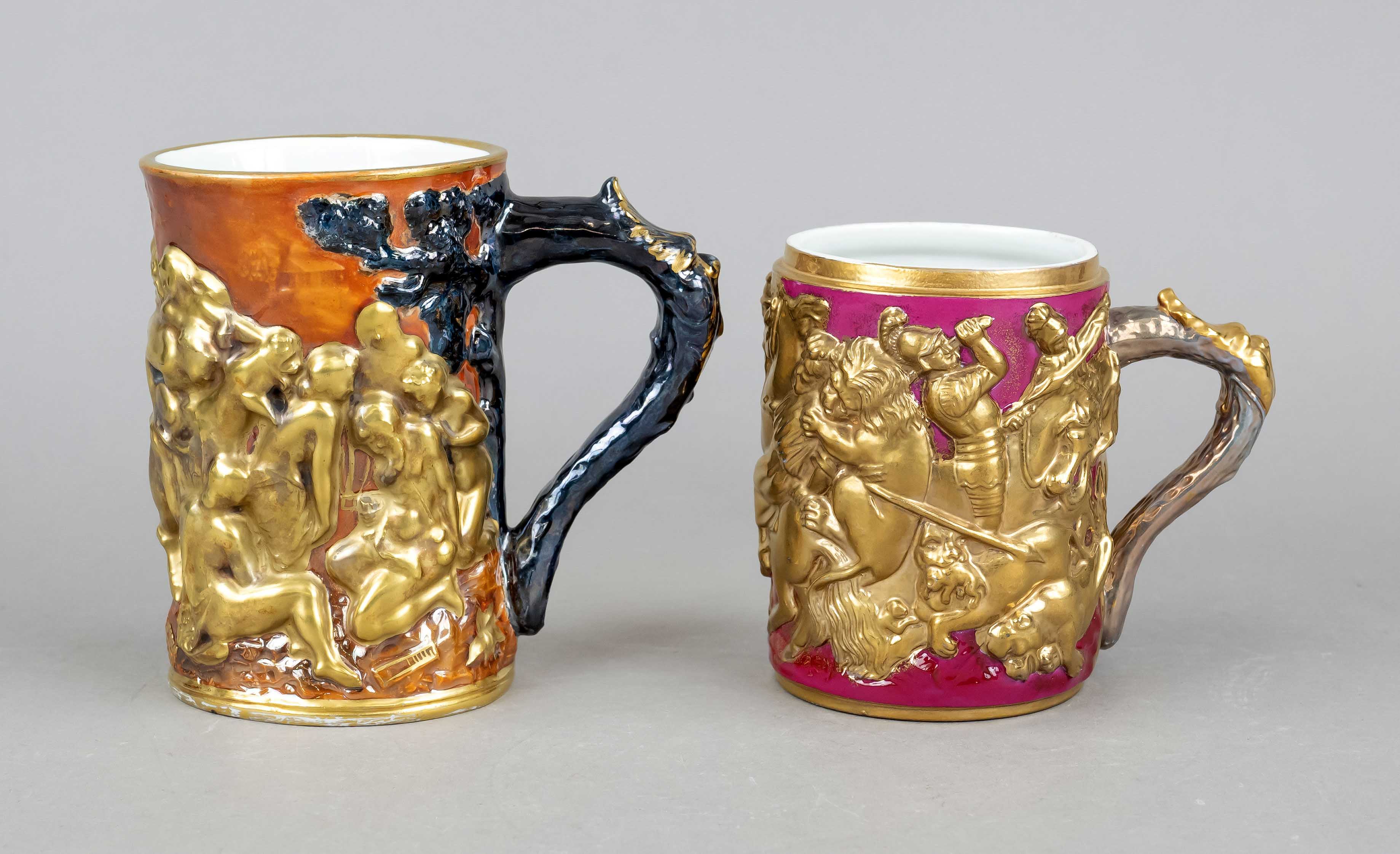 Two jugs with handles with many-figure relief scenes, 1 jug Dresden Potschappel, h. 14 cm, 1 jug