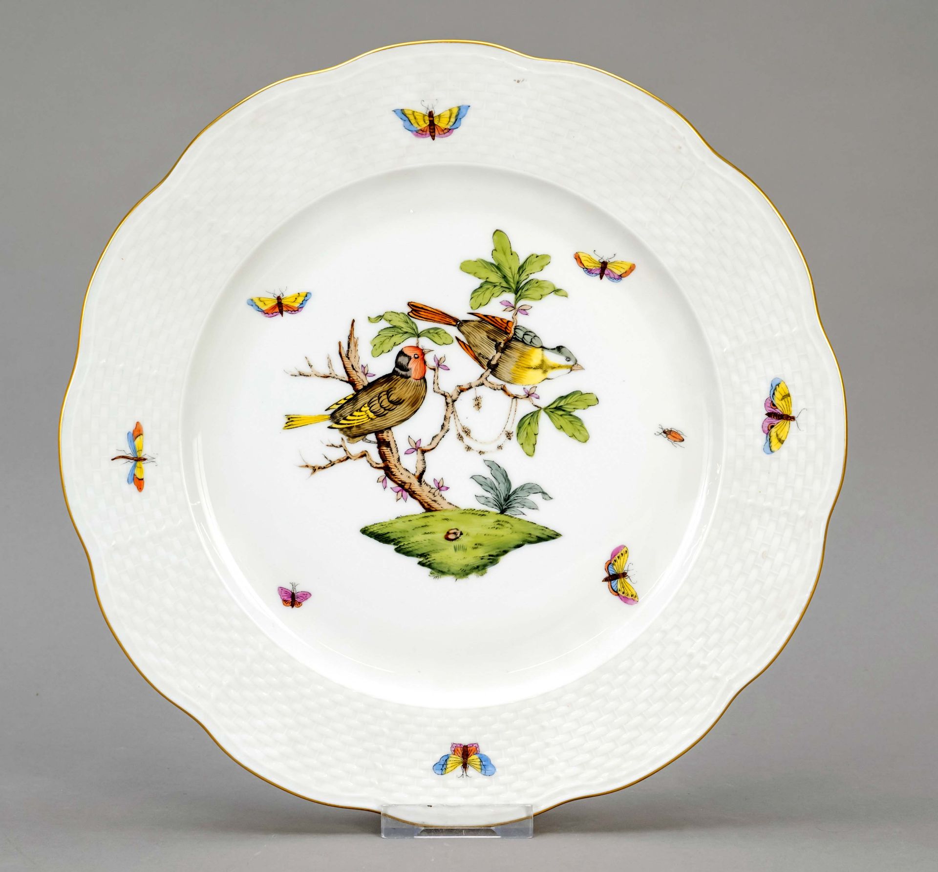 Plate, Herend, late 20th century, Ozier shape, polychrome painting, ornamental gilding, Rothschild