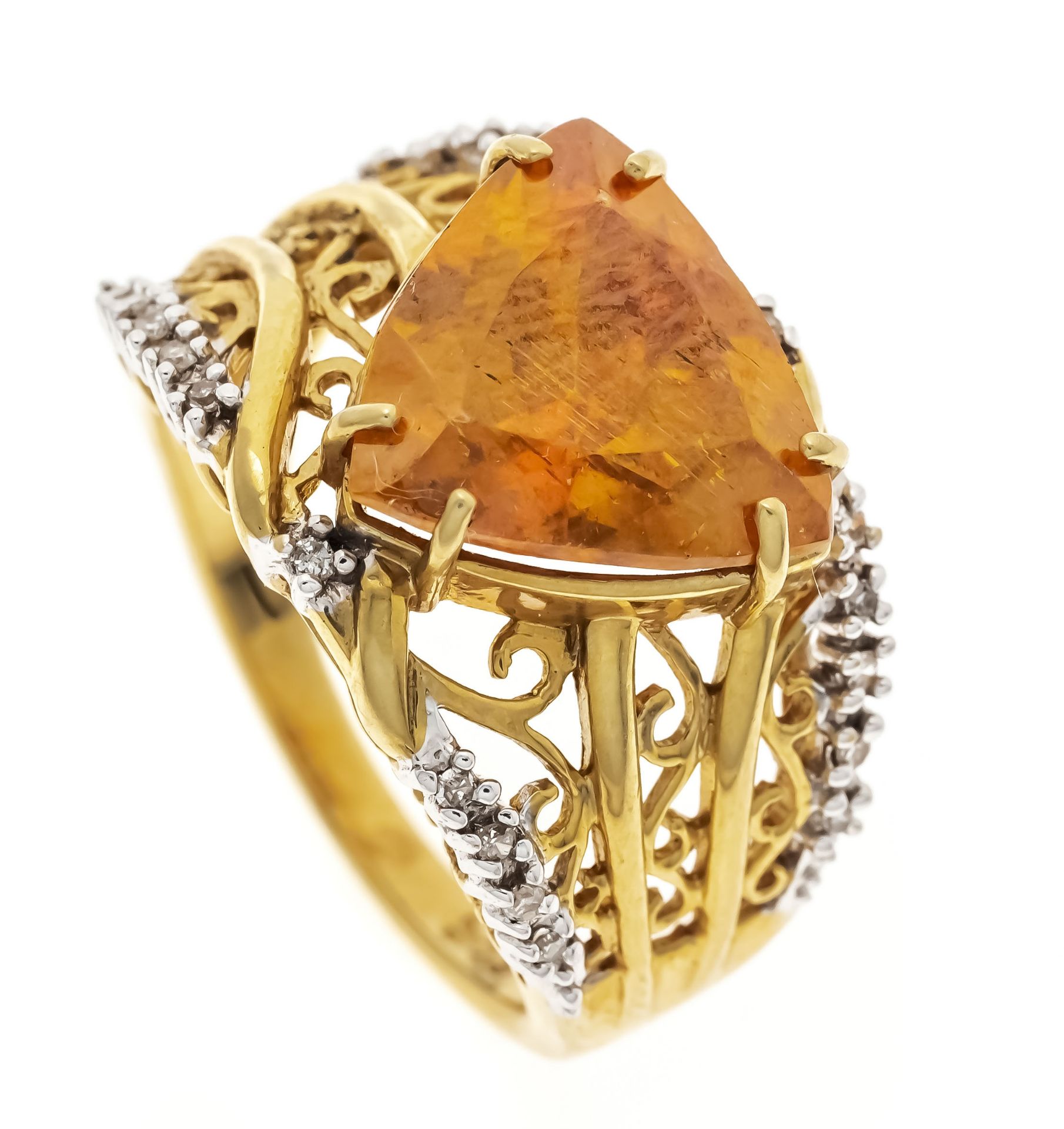 Titanite diamond ring GG/WG 585/000 with a faceted orange-yellow titanite (sphene) 4.5 ct, 12 x 12