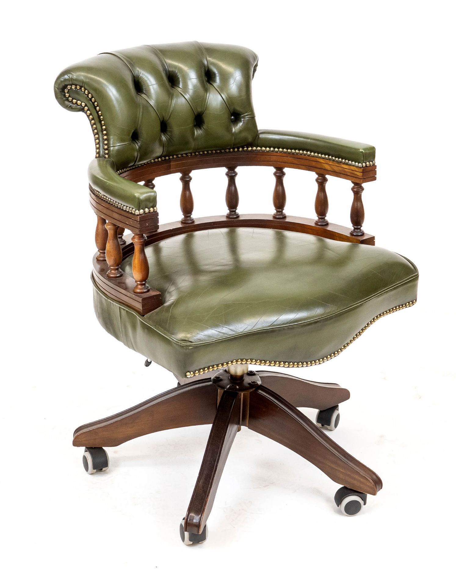 English desk chair, 20th c., mahogany, green goatskin upholstery, 90 x 63 x 60 cm.