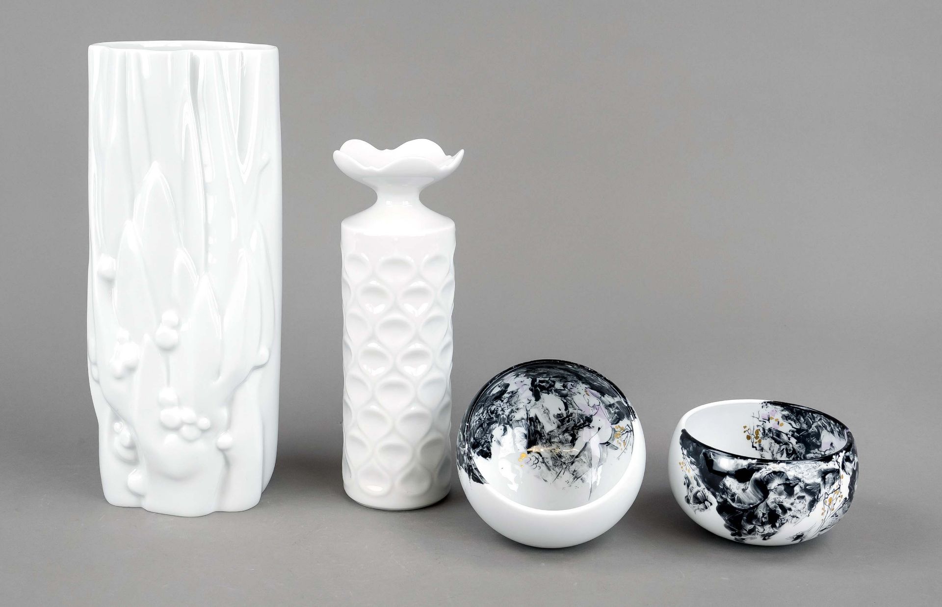 mixed lot, 4 pieces, 2 white vases, end of 20th c., 1st choice, Meissen, model Lotus, design by