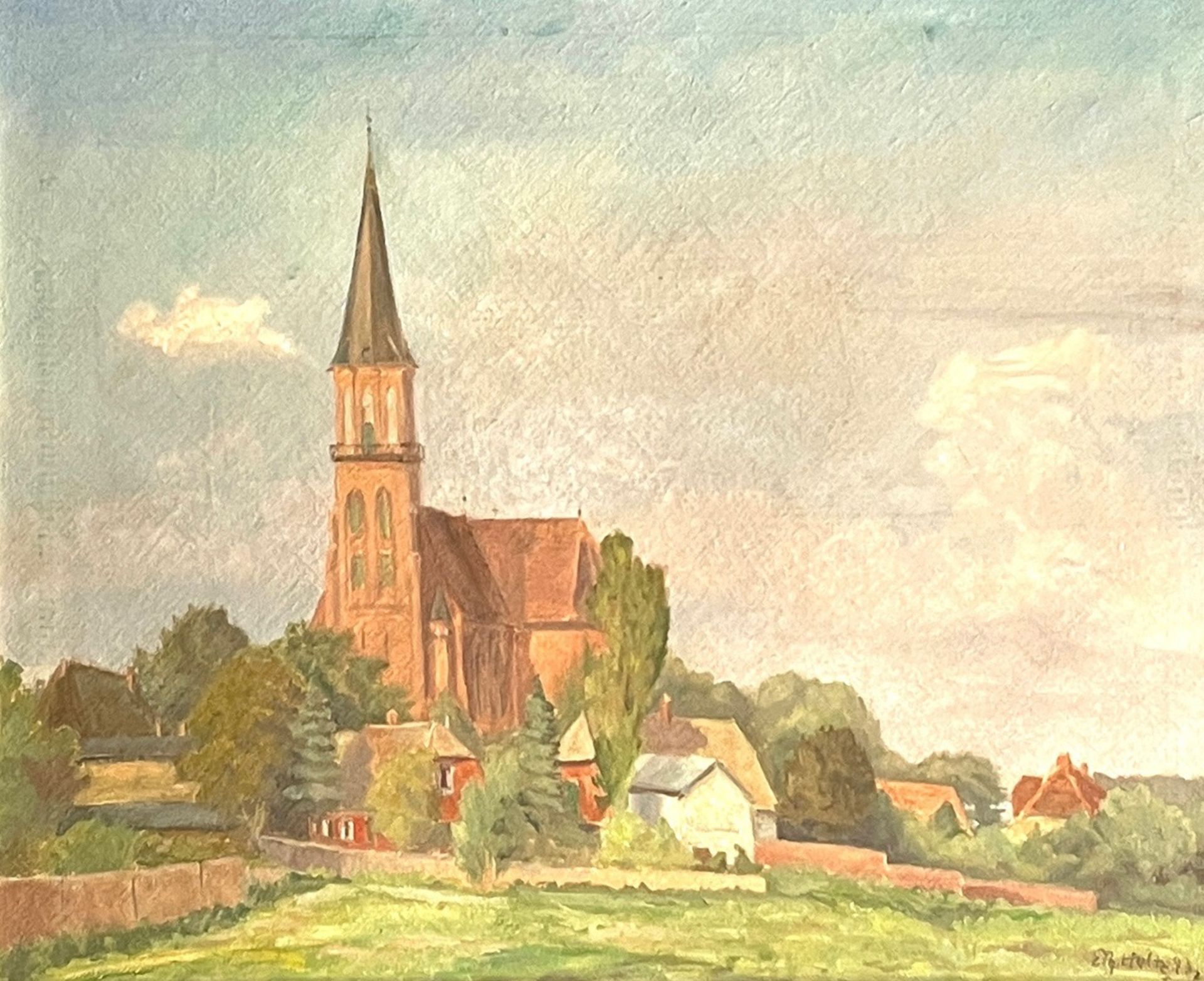 Holtz, Erich-Theodor. 1885 Storkow - 1956 Wustrow. The Fischländer church in Wustrow. 1943. oil/