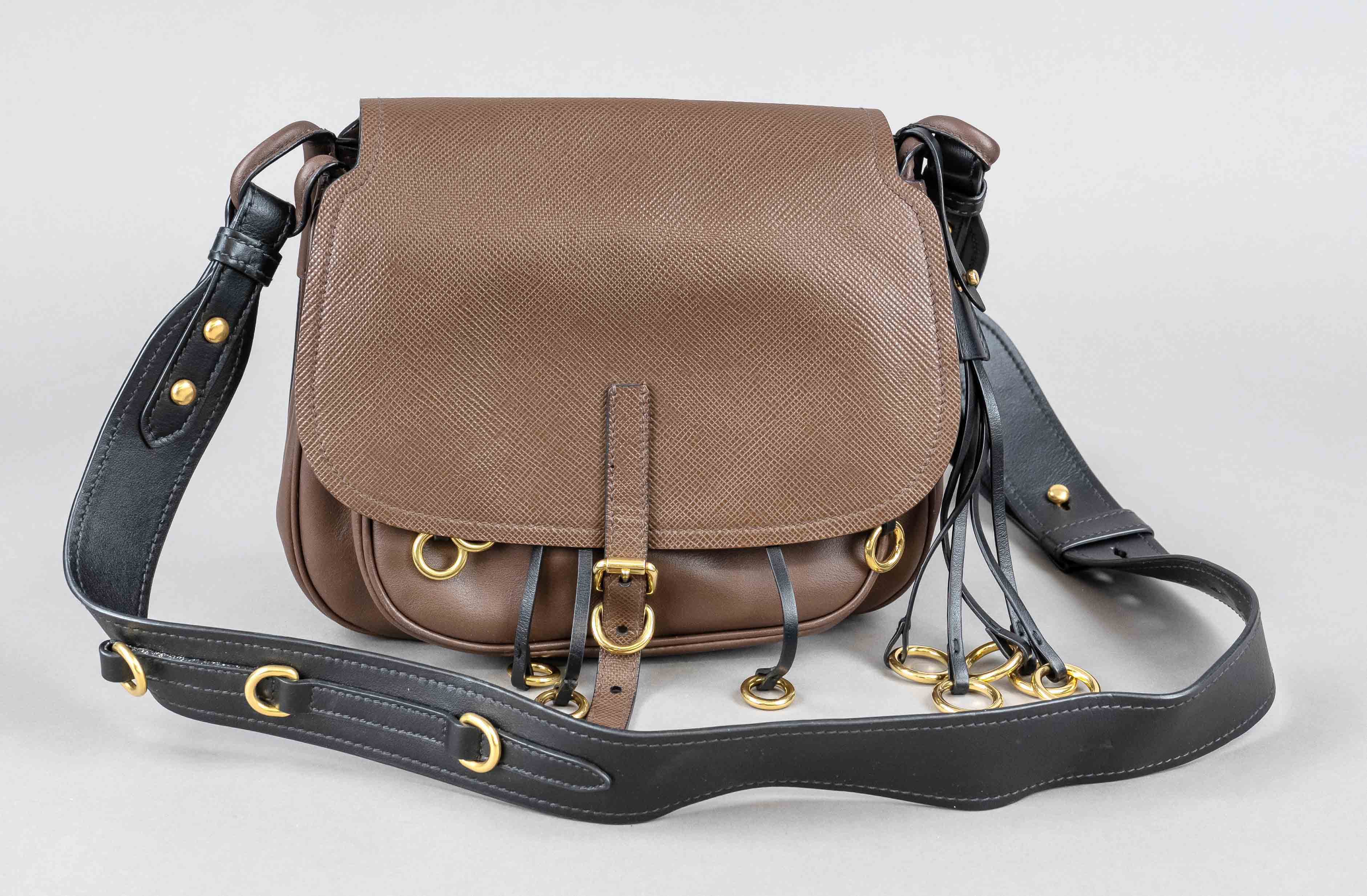 Prada, Brown Saffiano/Smooth Leather Corsaire Hunting Shoulder Bag, cocoa brown and black leather,