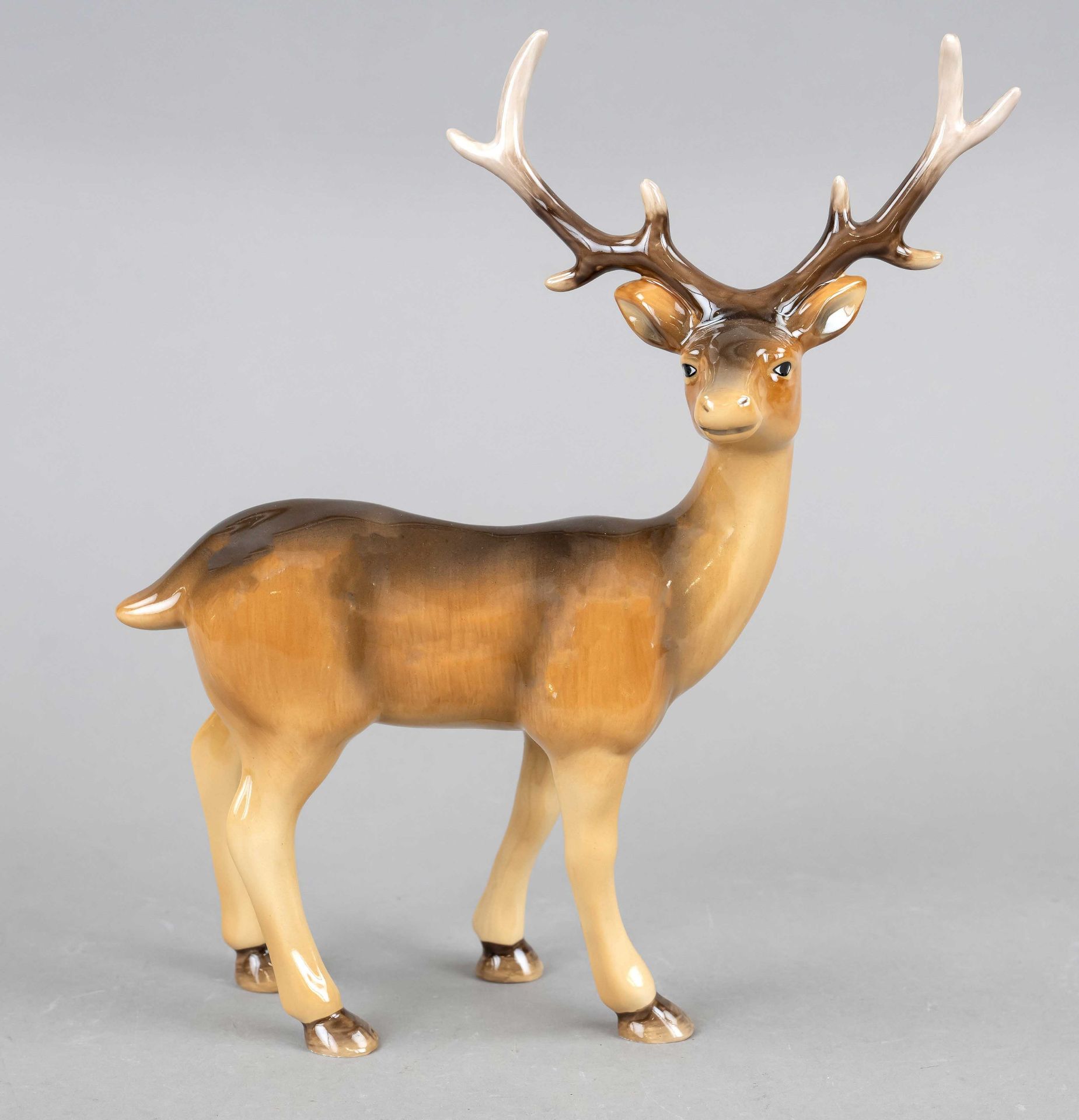 Standing stag, Hutschenreuther, 20th century, brown painted, h. 25 cm