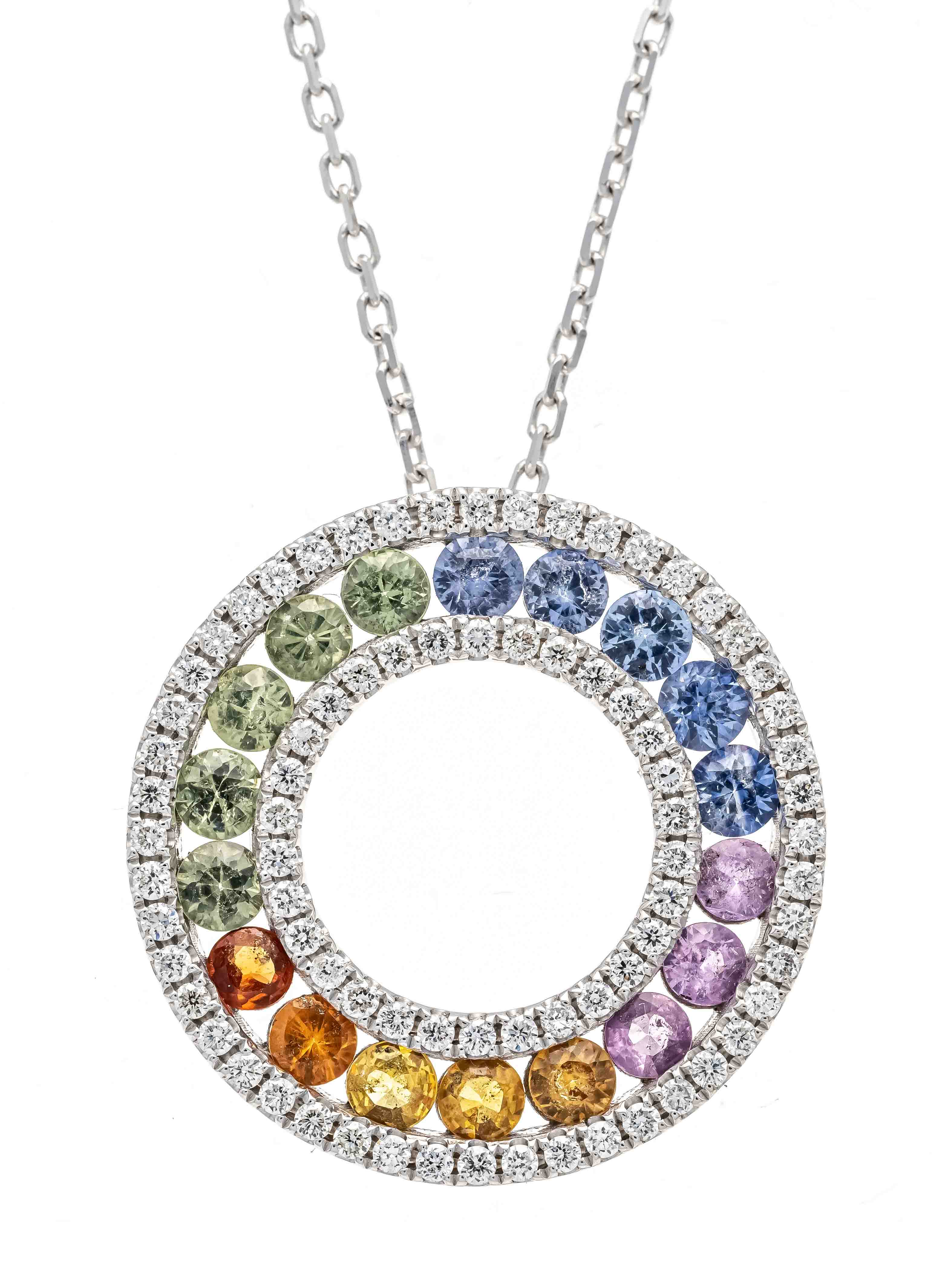 Rainbow sapphire diamond pendant WG 750/000 with round faceted multicolor sapphires 2.9 mm in