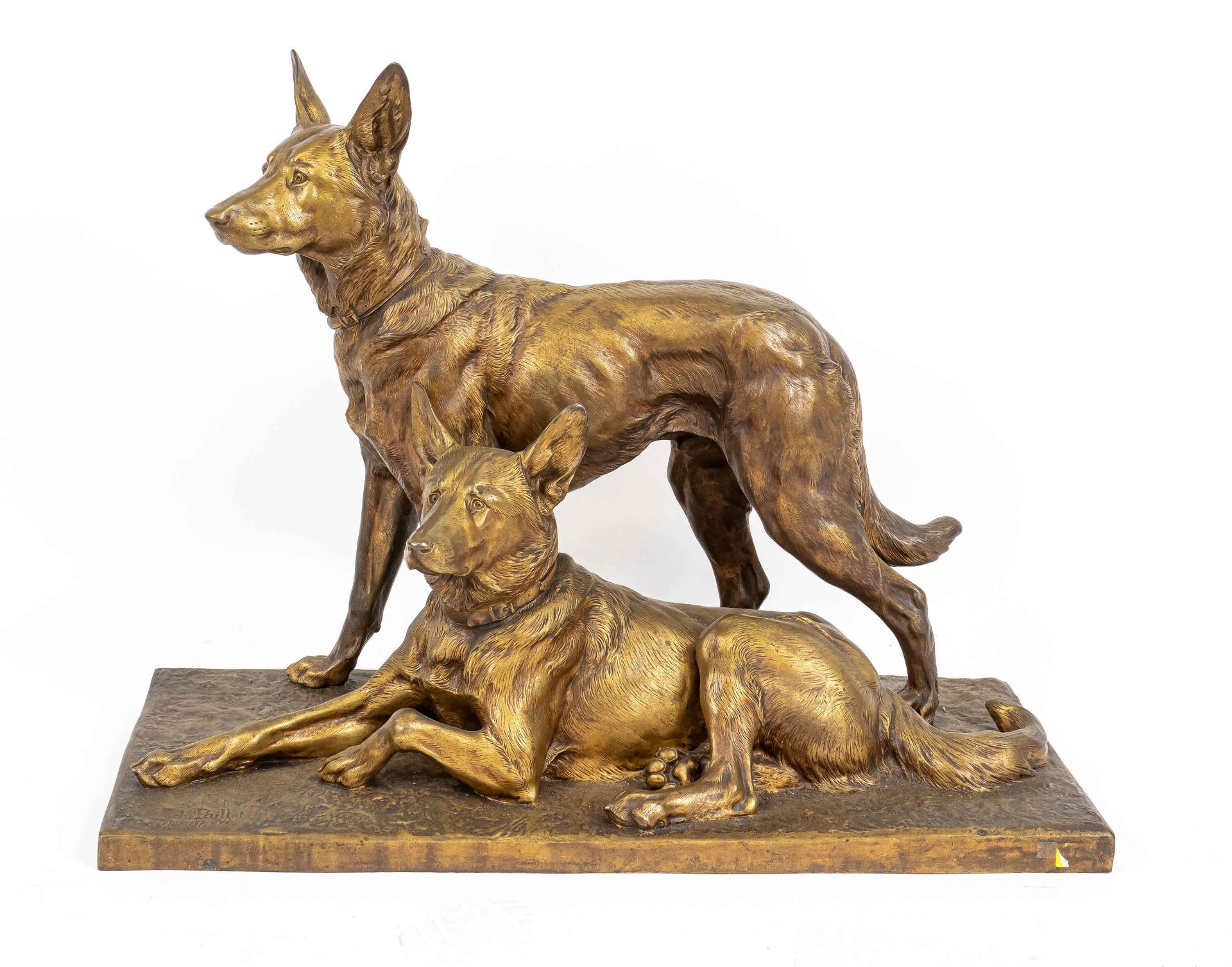 Charles Paillet (1871-1937), 2 shepherd dogs, very large bronze group with golden brown patina on