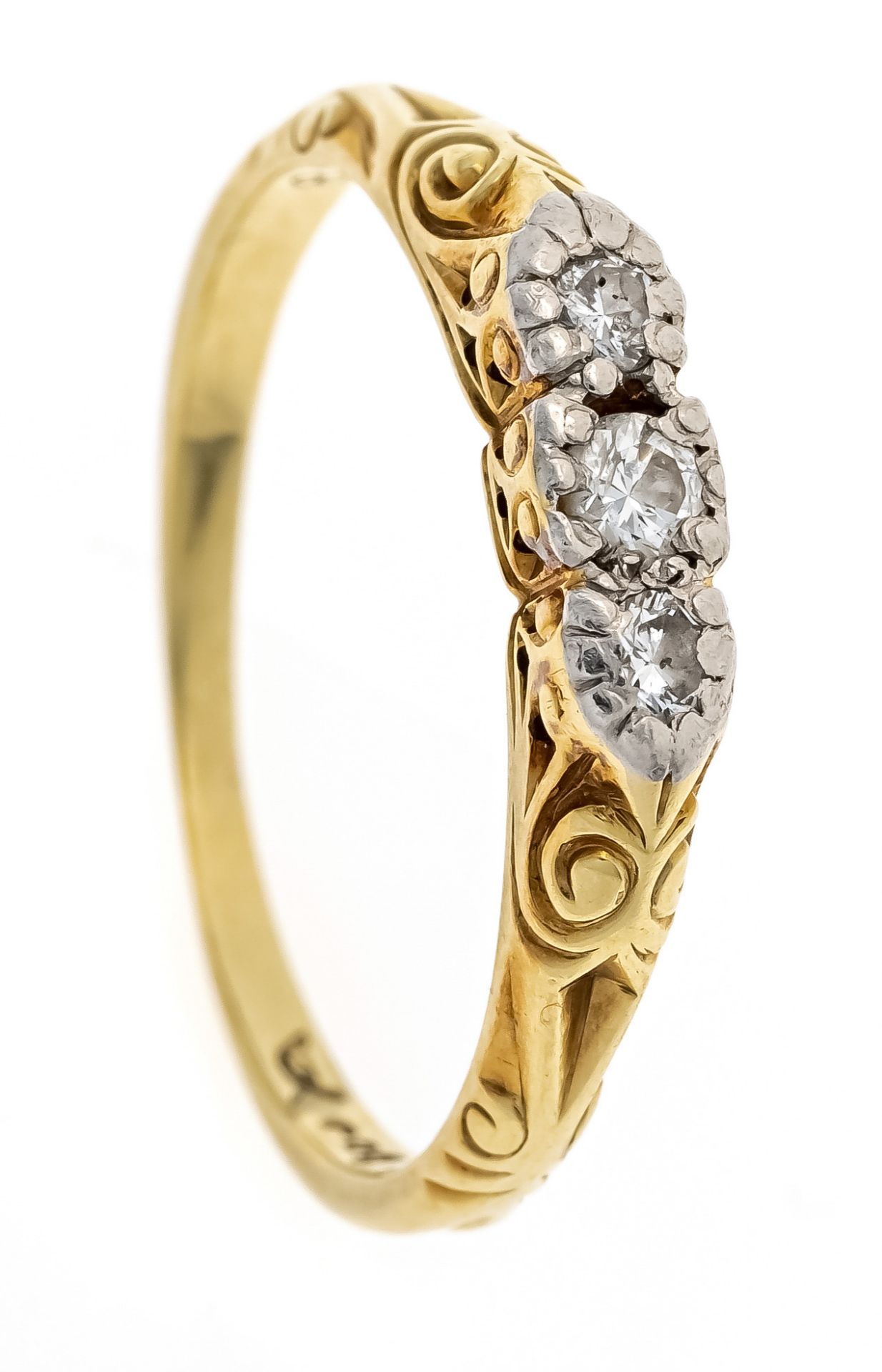 Riviere ring GG/WG 585/000 with 3 old-cut diamonds, total 0.14 ct l.tinted W/SI, RG 54, 2.5 g