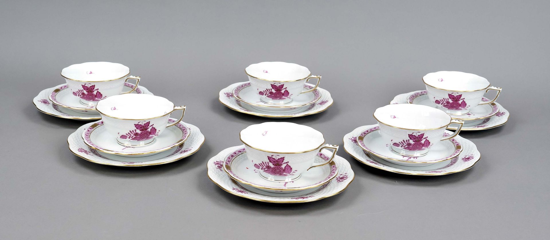 Six three-piece tea sets, Herend, 20th century, Ozier shape, Apponyi decor in purple, ornamental