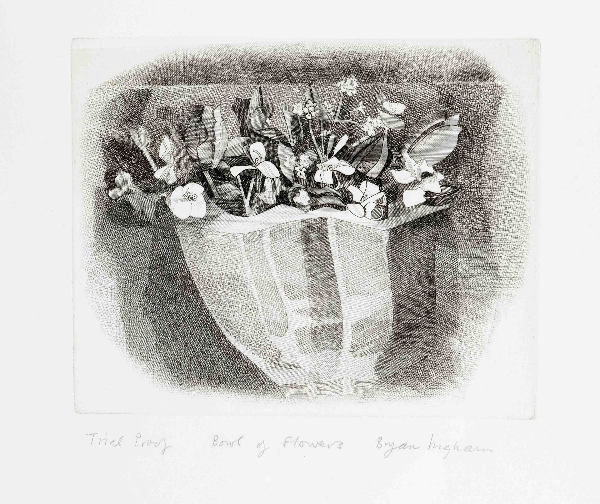 Ingham, Bryan. 1936 Preston - 1997 Helston. Flower bowl. 1972. etching/handmade paper, signed with