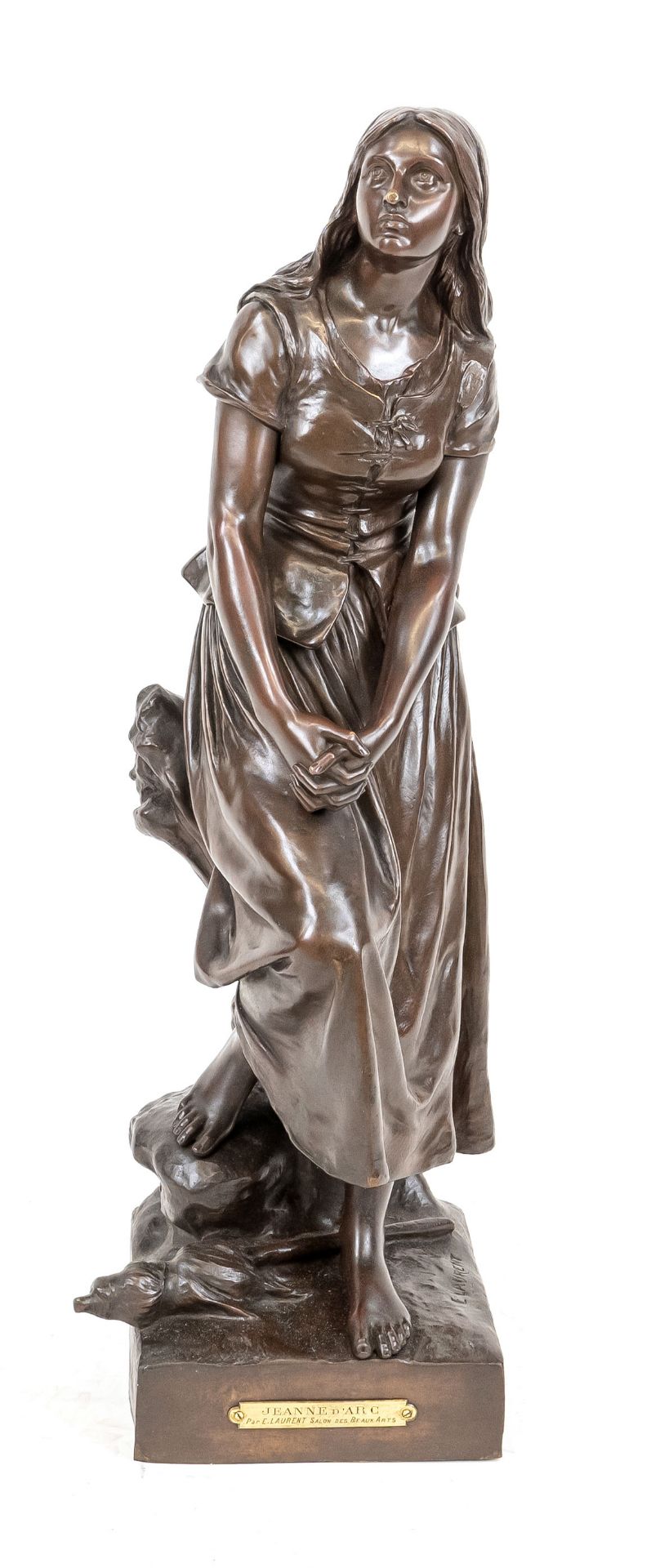 Eugène Laurent (1832-1898), Joan of Arc, praying and in long dress, large brown patinated bronze