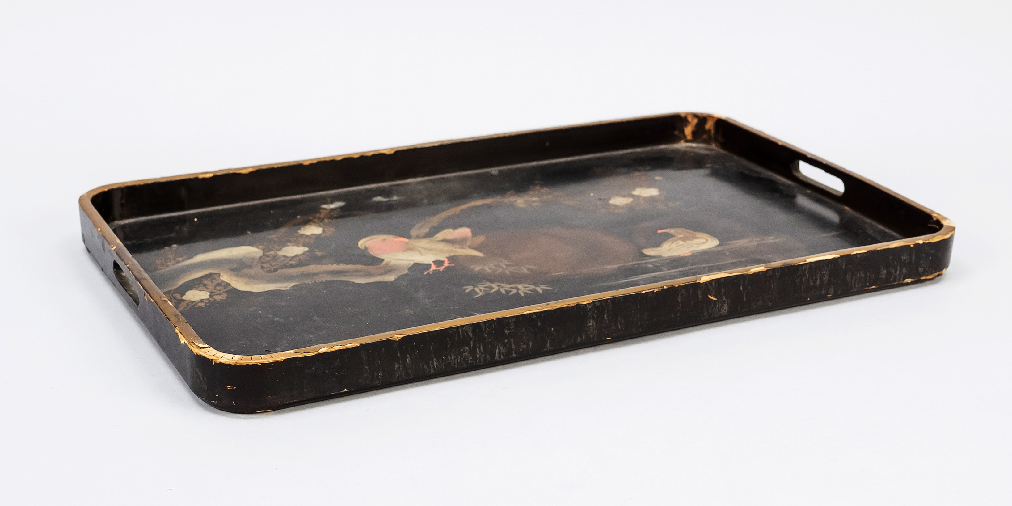 Mandarin duck tray, Japan, early 20th century, black lacquered wooden tray with handles, gold and - Image 2 of 2