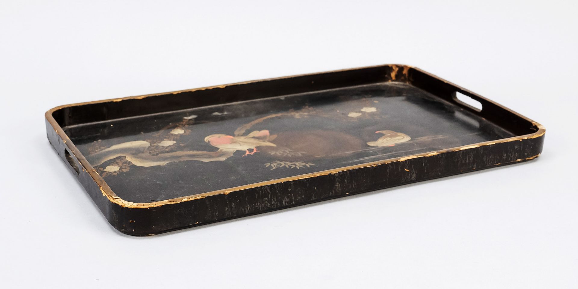 Mandarin duck tray, Japan, early 20th century, black lacquered wooden tray with handles, gold and - Image 2 of 2