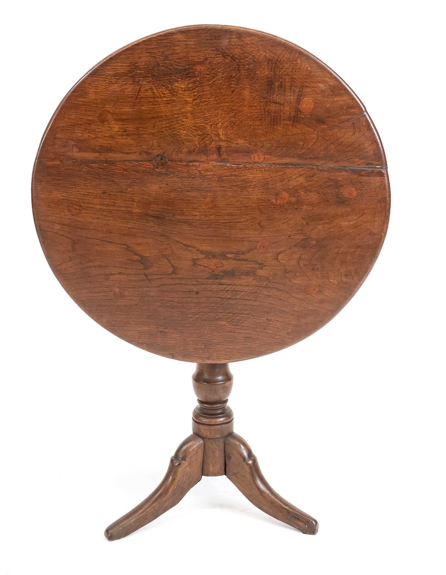 English folding tea table, 19th c., oak, h. 68, d. 70 cm. - Image 2 of 2