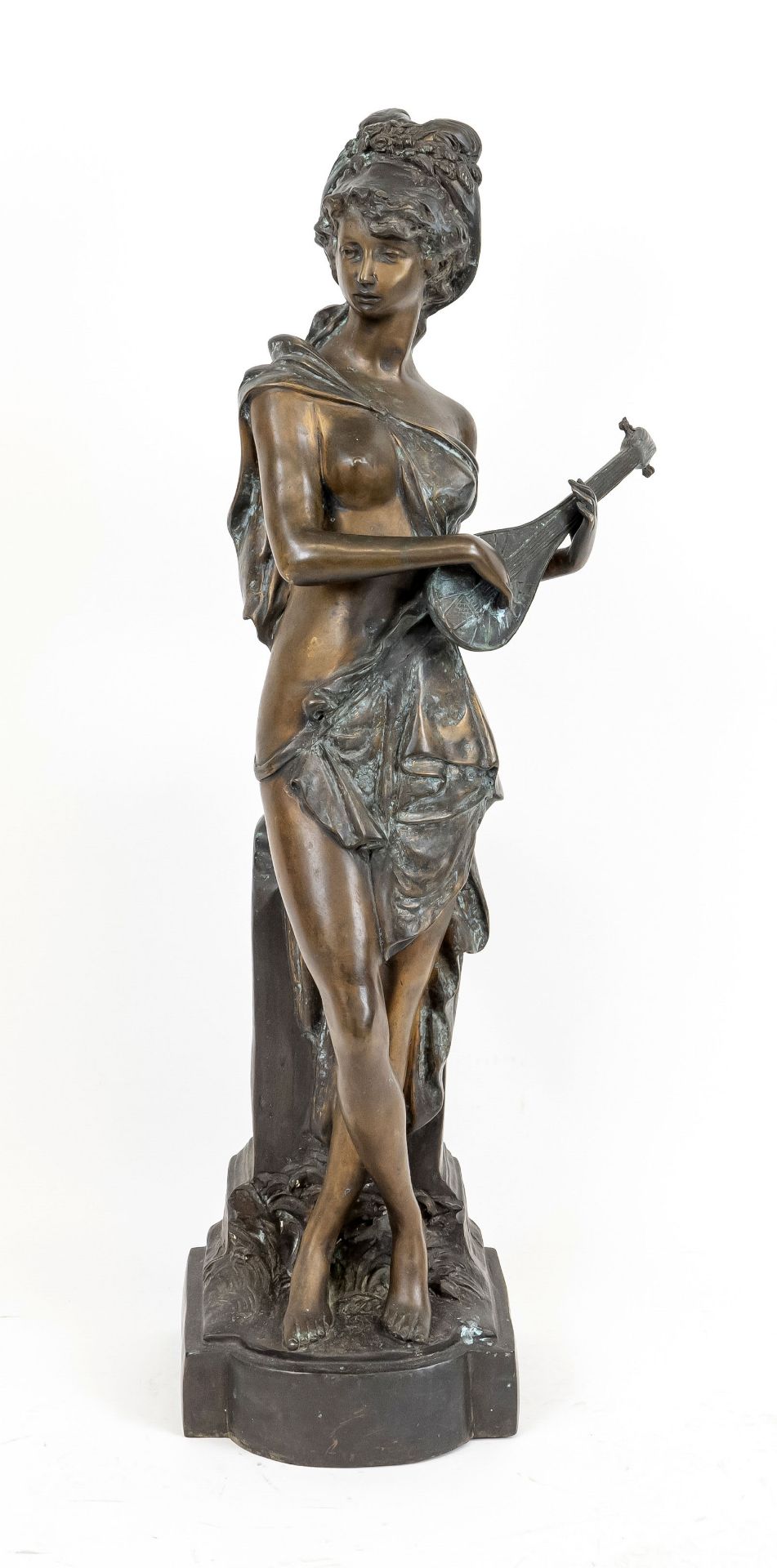 Anonymous sculptor late 20th c., large bronze sculpture of a half-naked female mandolin player,